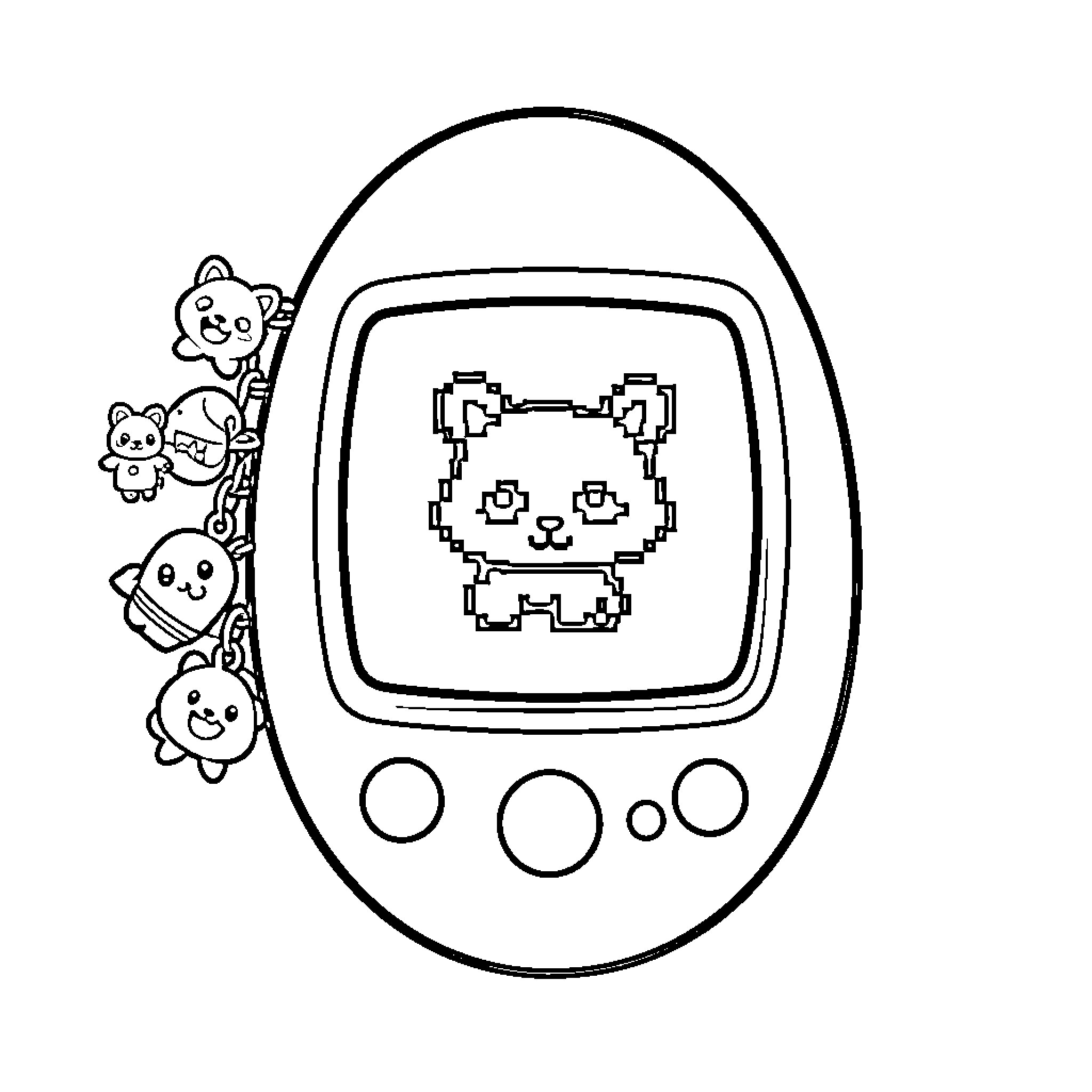 Tamagotchi displaying a pixelated character with cute charms Coloring Page (free black-and-white line drawing printable PDF for all, from beginners to advanced learners, including children, teens, adults, and seniors)