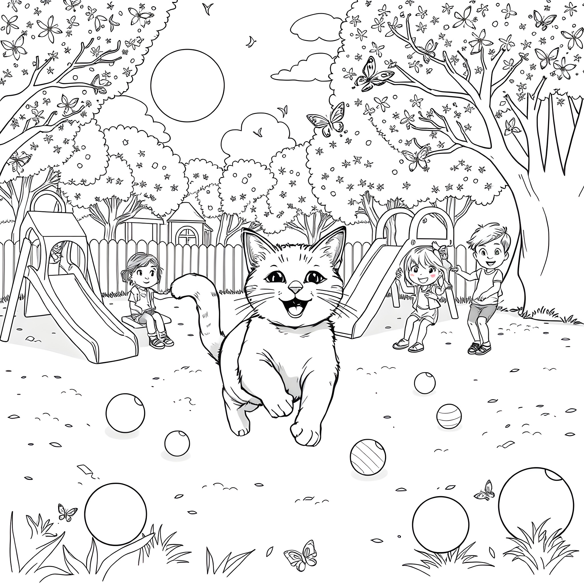 Cat playing joyfully with children in a vibrant park Coloring Page (free black-and-white line drawing printable PDF for all, from beginners to advanced learners, including children, teens, adults, and seniors)