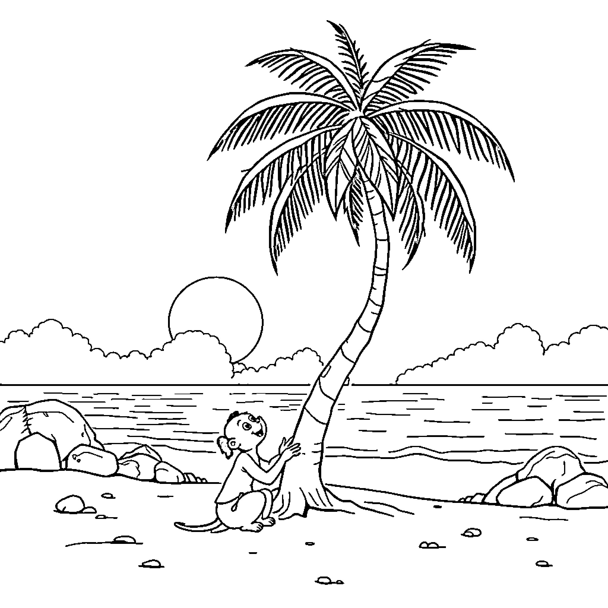 Vaagai: Peaceful Tropical Seascape Coloring Page (free black-and-white line drawing printable PDF for all, from beginners to advanced learners, including children, teens, adults, and seniors)