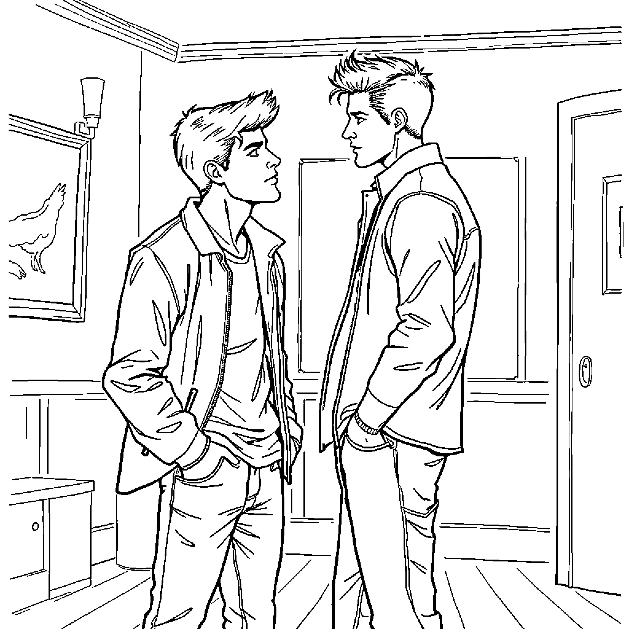 Stiles and Derek: Tense Encounter in the Hallway Coloring Page (free black-and-white line drawing printable PDF for all, from beginners to advanced learners, including children, teens, adults, and seniors)