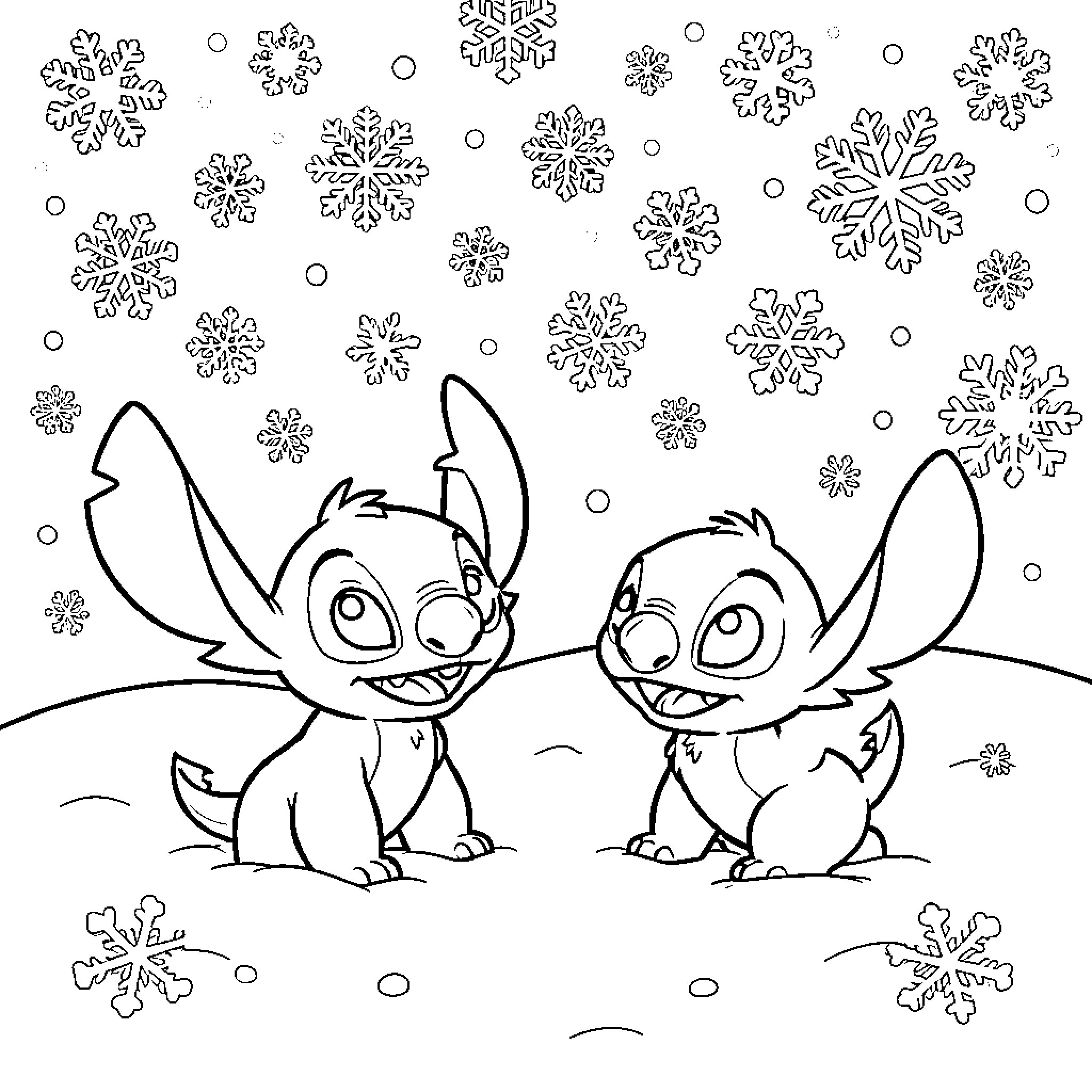 Lilo And Stitch playing in the snow with snowflakes Coloring Page (free black-and-white line drawing printable PDF for all, from beginners to advanced learners, including children, teens, adults, and seniors)