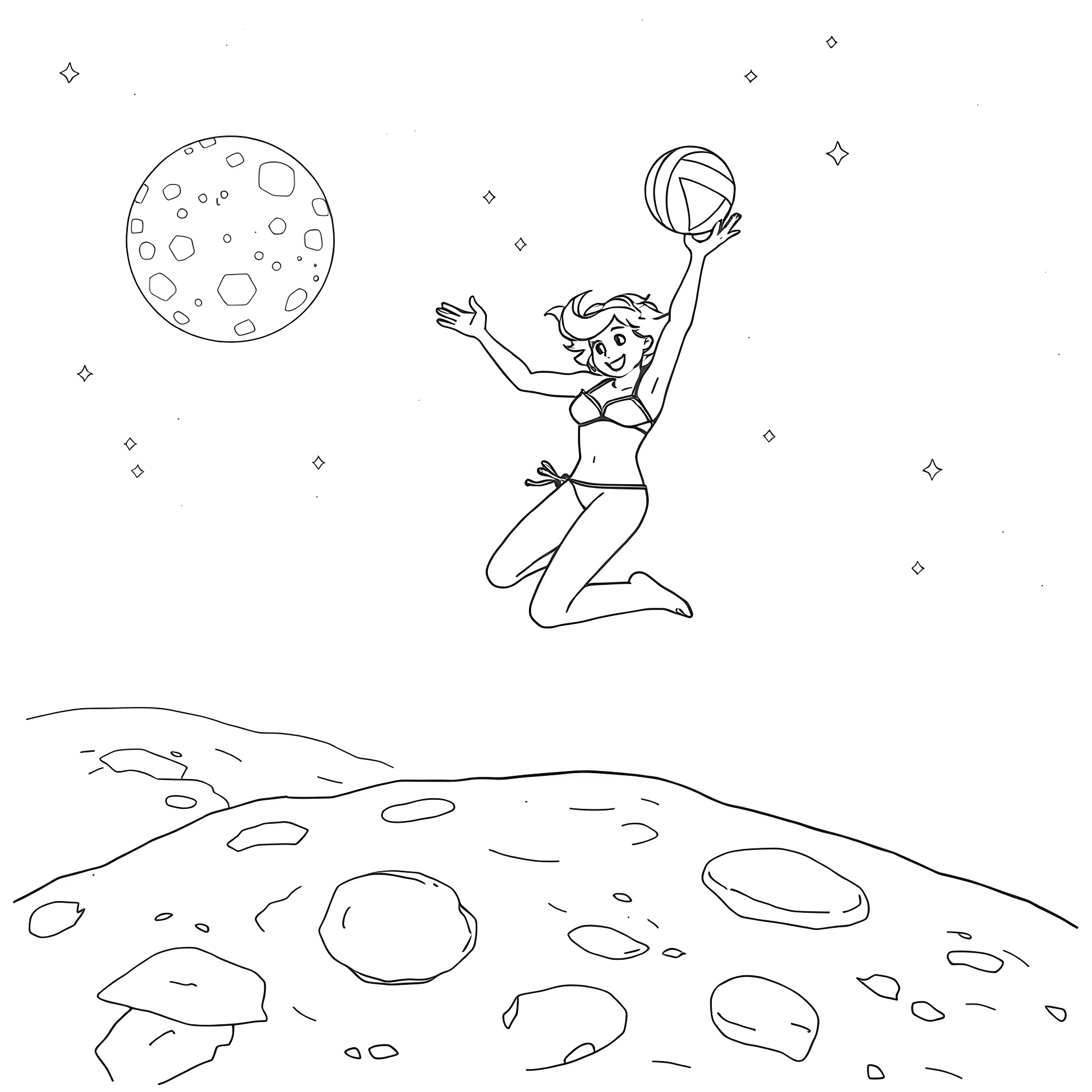 Bikini Girl Jumping Joyfully Under the Moon Coloring Page (free black-and-white line drawing printable PDF for all, from beginners to advanced learners, including children, teens, adults, and seniors)