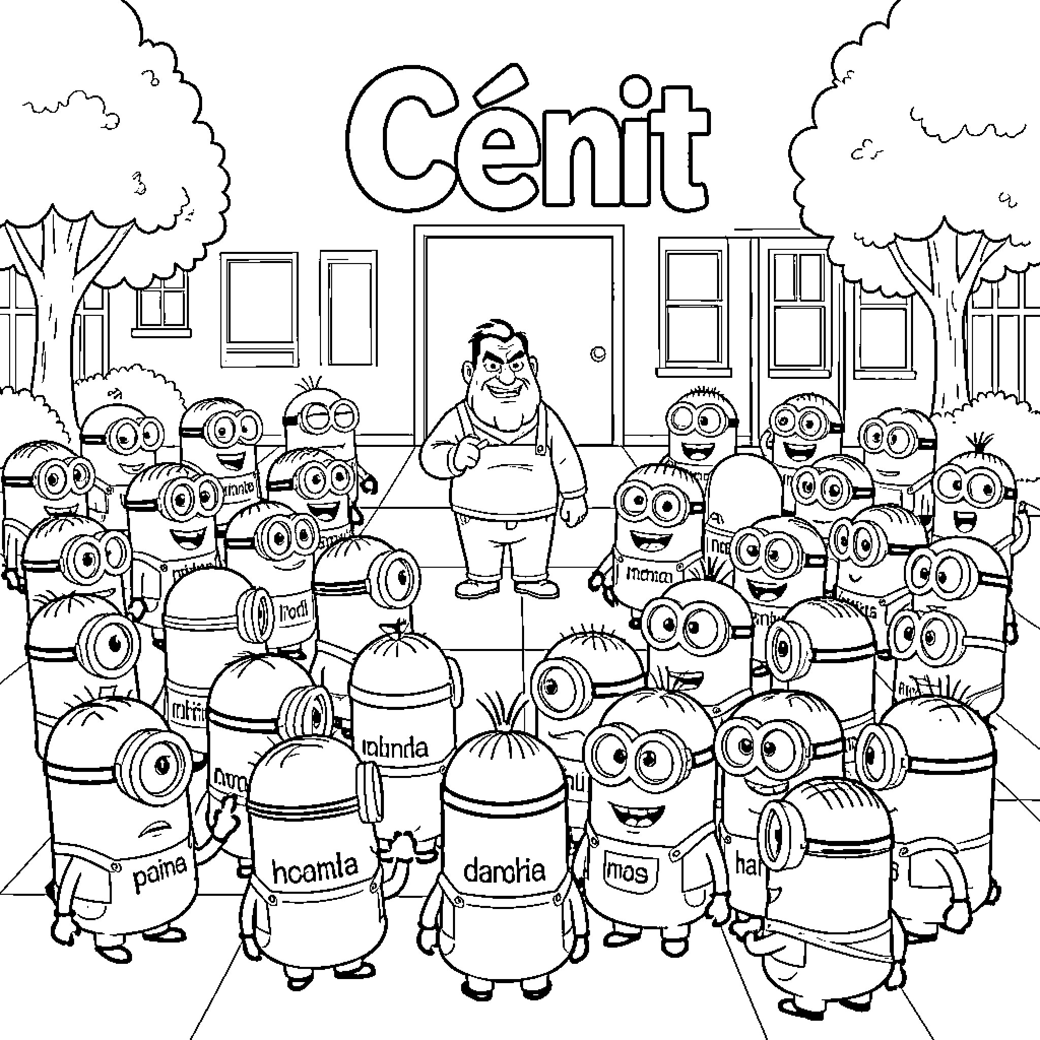 Gru standing proudly among a large group of minions Coloring Page (free black-and-white line drawing printable PDF for all, from beginners to advanced learners, including children, teens, adults, and seniors)