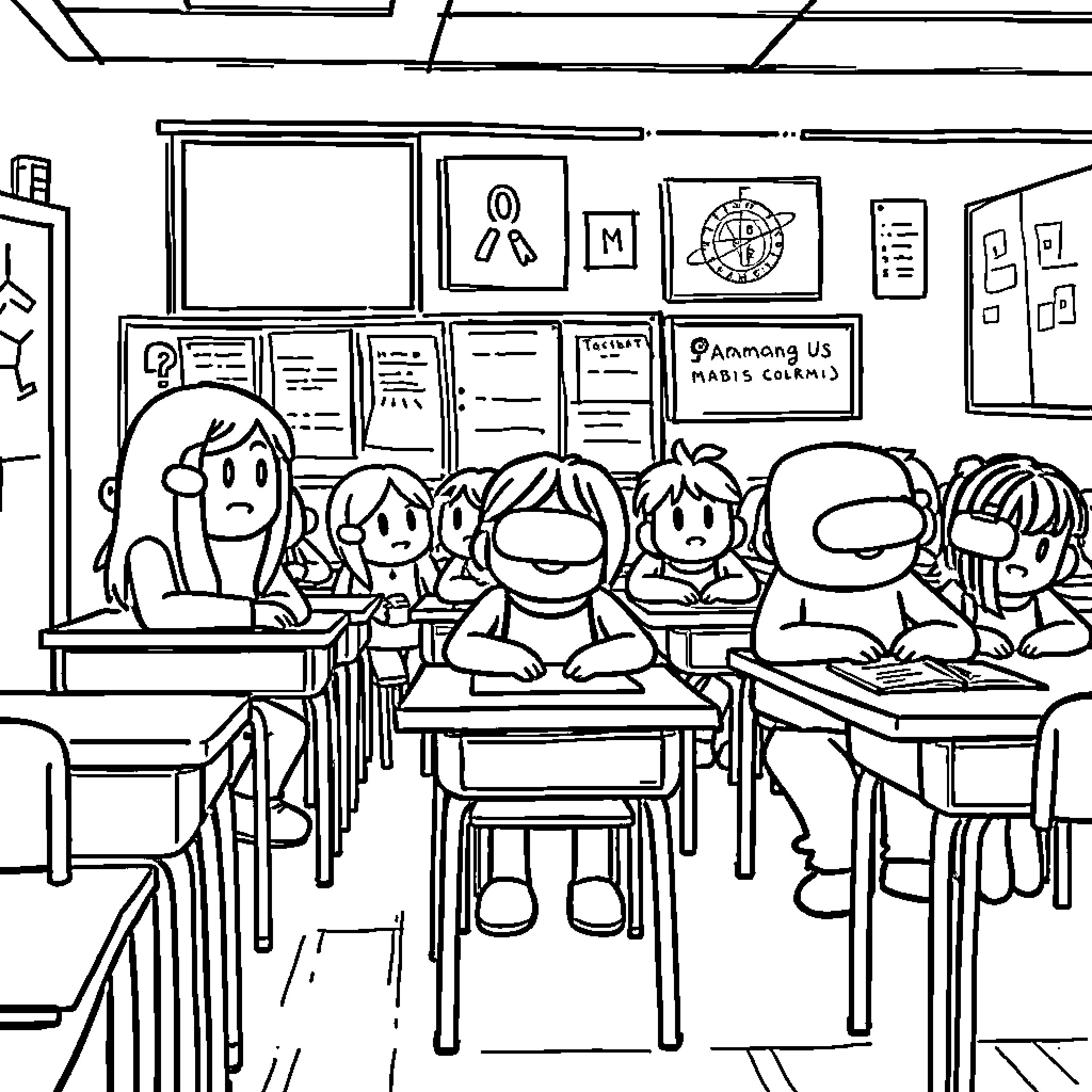 Among Us characters in a classroom setting Coloring Page (free black-and-white line drawing printable PDF for all, from beginners to advanced learners, including children, teens, adults, and seniors)