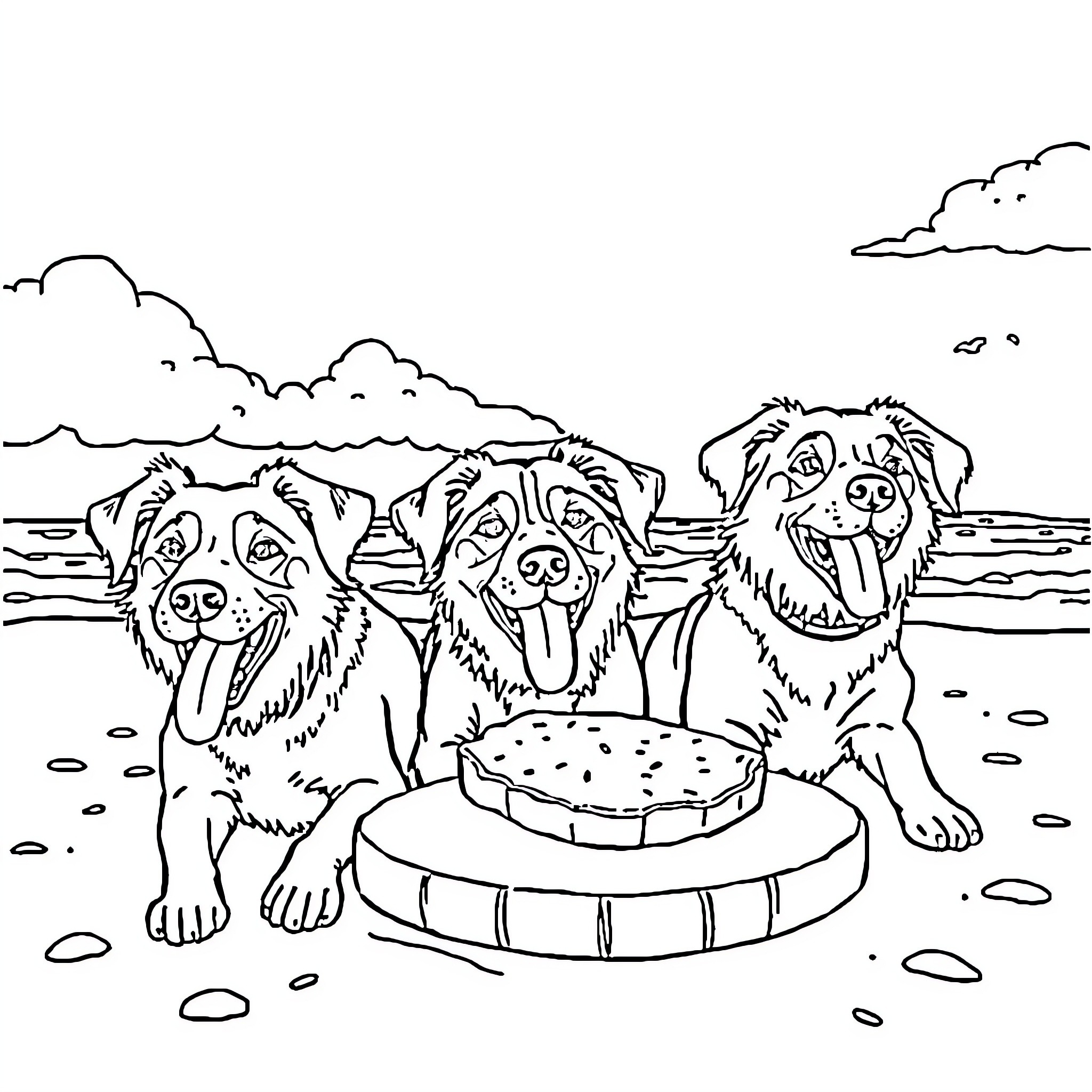 Dogs enjoying a summer day at the beach Coloring Page (free black-and-white line drawing printable PDF for all, from beginners to advanced learners, including children, teens, adults, and seniors)