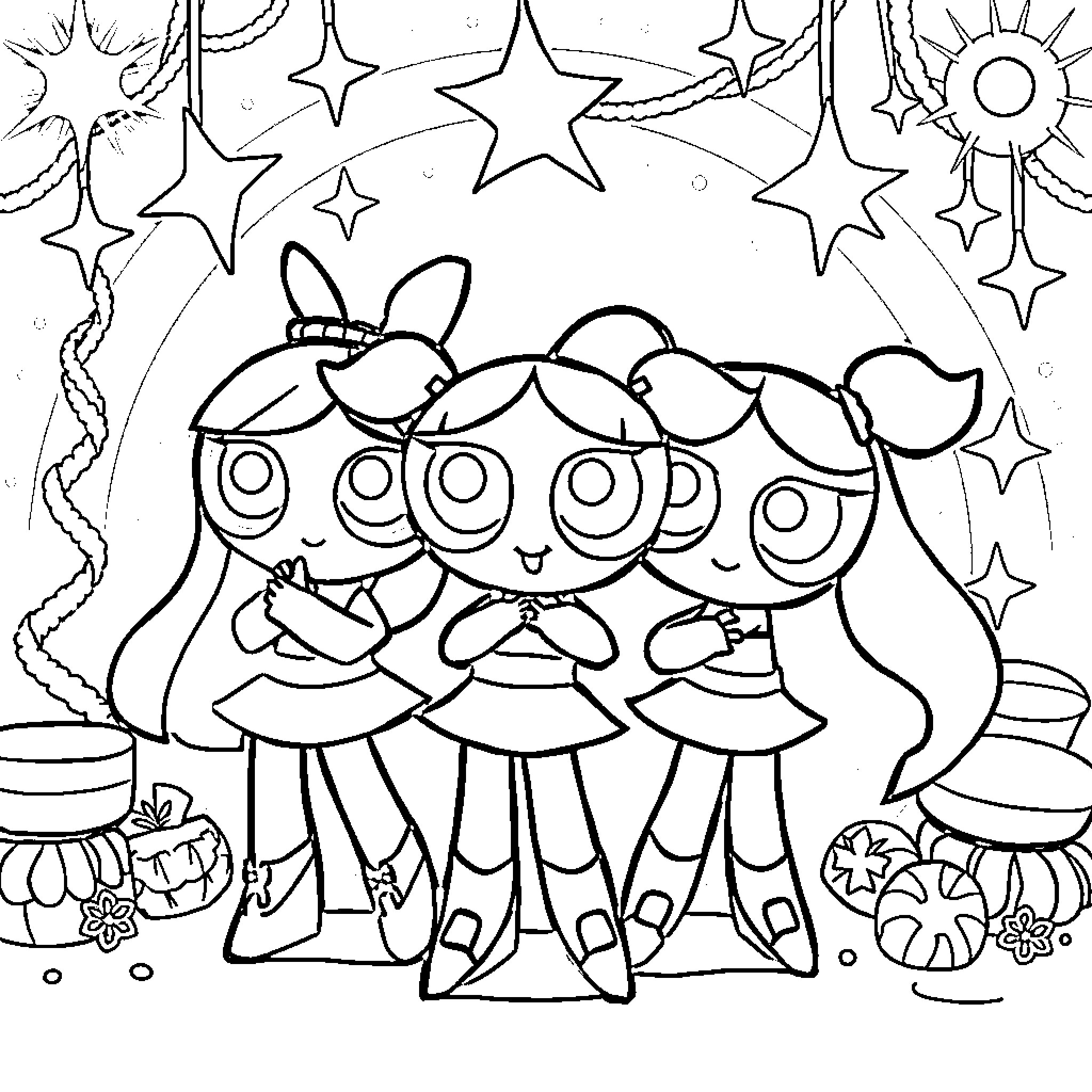Power Puff Girls posing with stars and magic Coloring Page (free black-and-white line drawing printable PDF for all, from beginners to advanced learners, including children, teens, adults, and seniors)