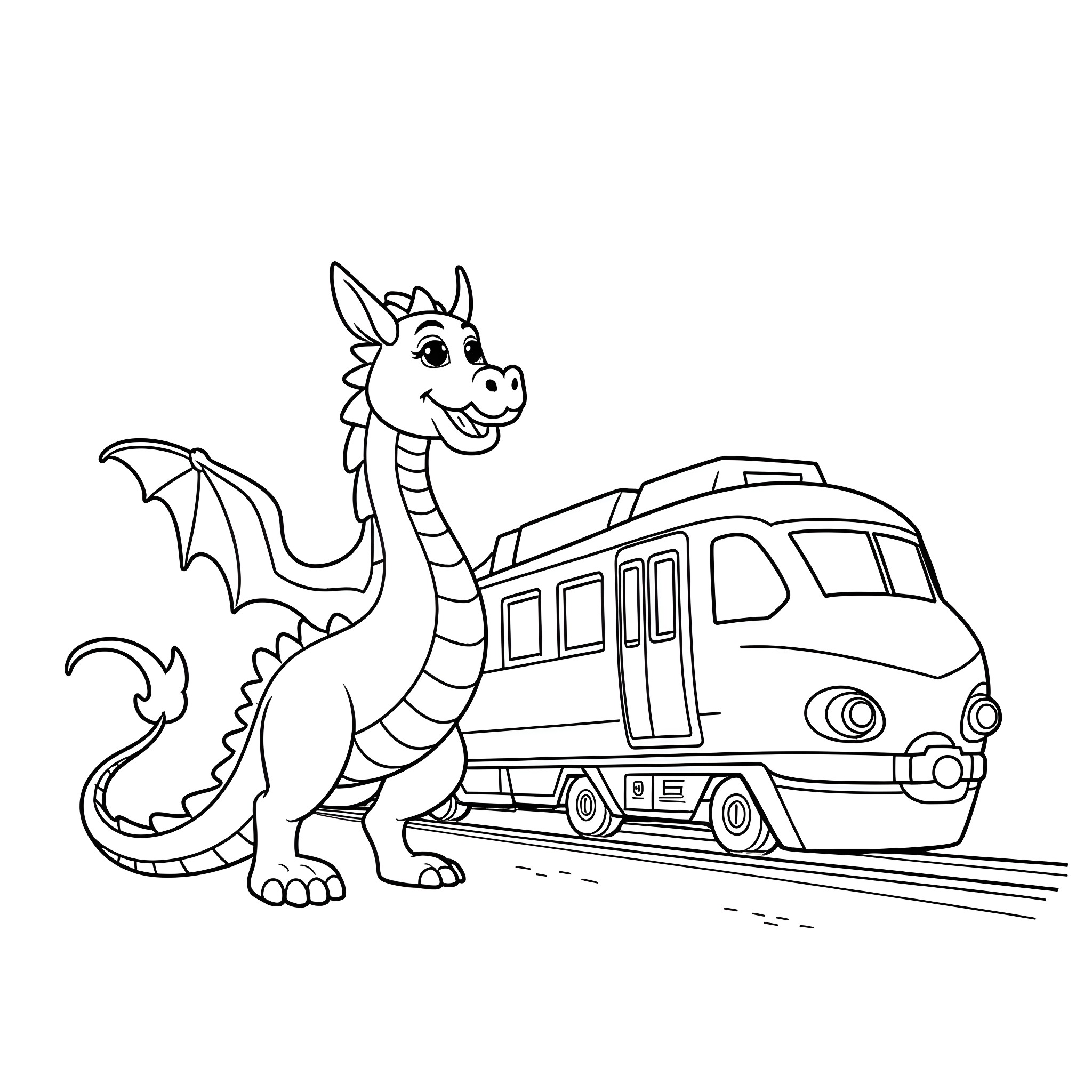 Dragon riding happily on a train Coloring Page (free black-and-white line drawing printable PDF for all, from beginners to advanced learners, including children, teens, adults, and seniors)