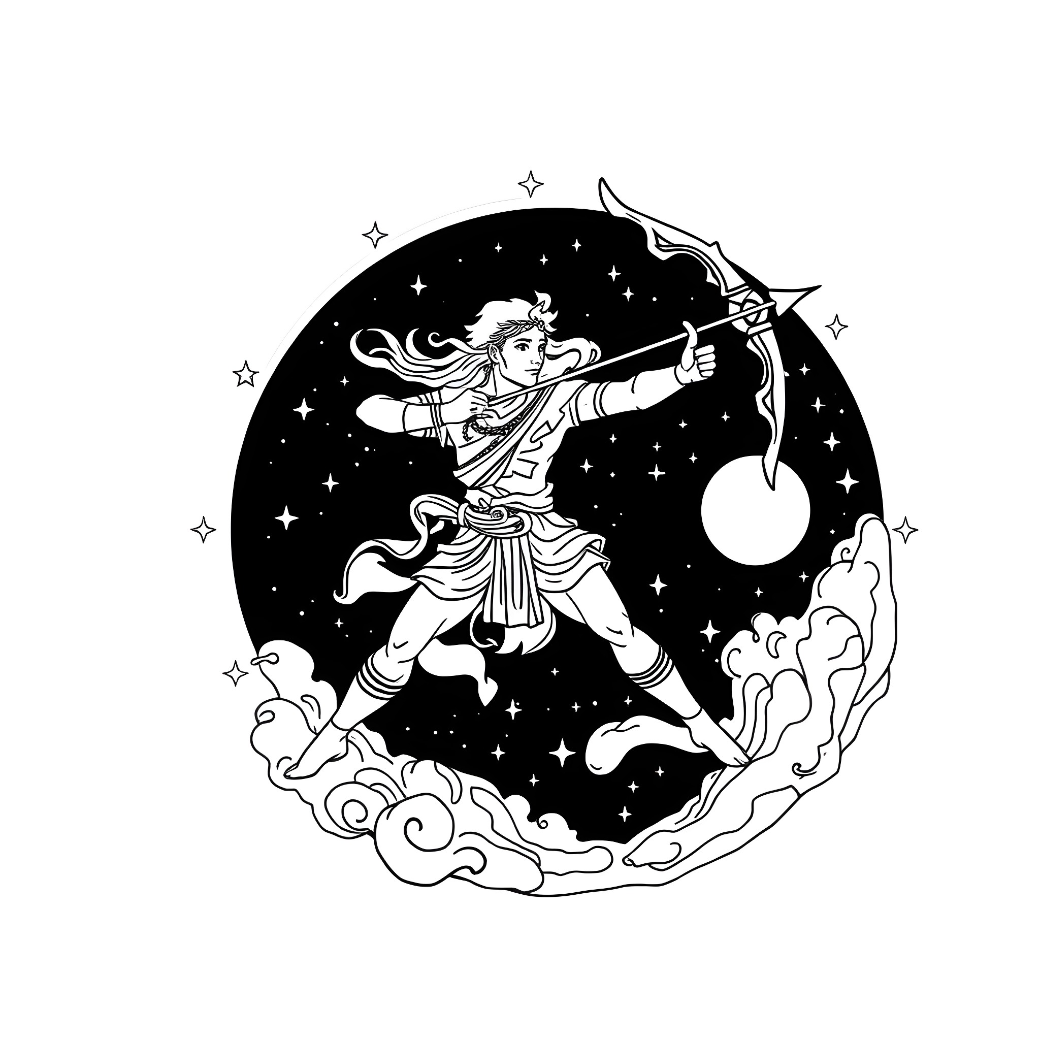 Sagittarius archer reaching for the stars Coloring Page (free black-and-white line drawing printable PDF for all, from beginners to advanced learners, including children, teens, adults, and seniors)