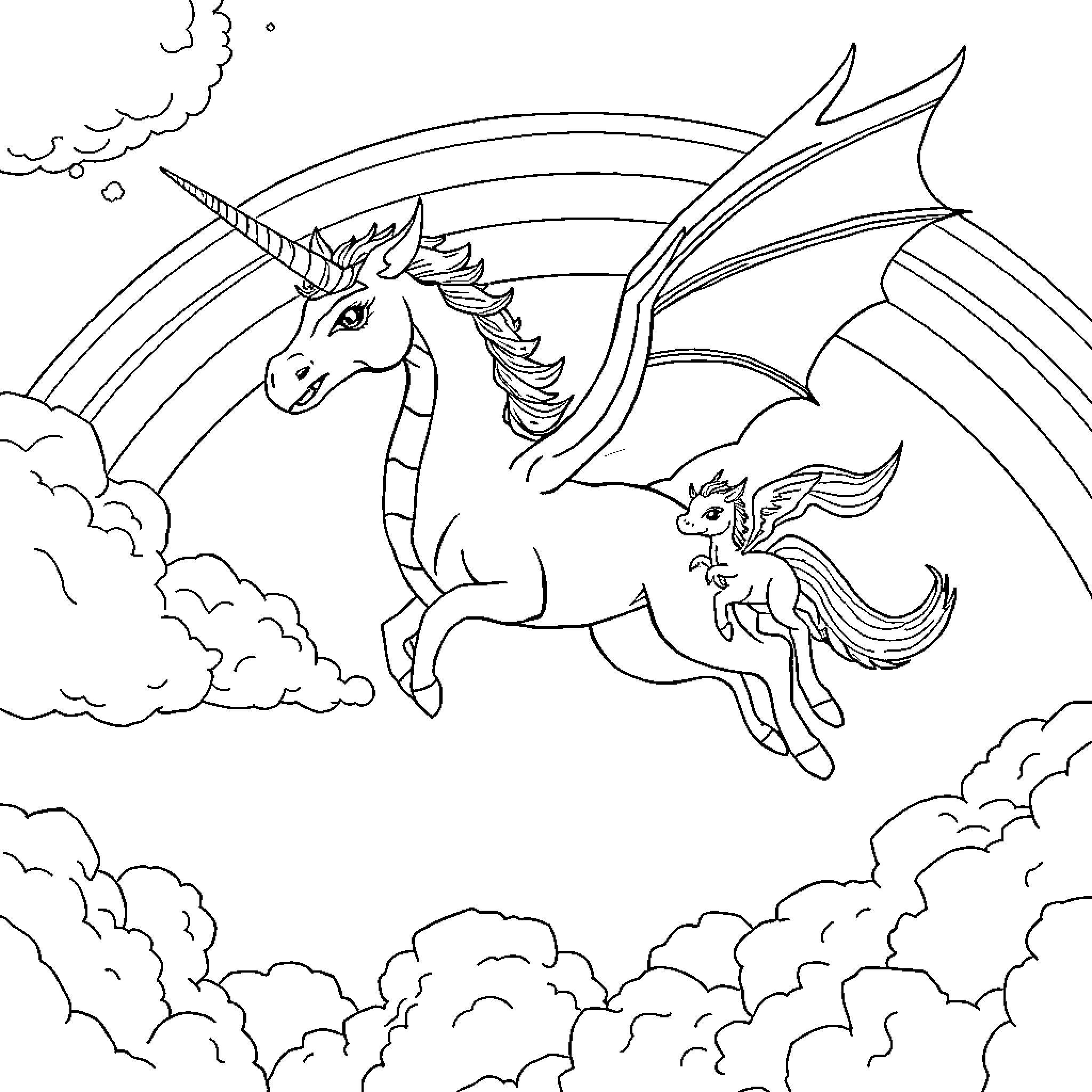 Unicorn-Dragon pair flying through the skies Coloring Page (free black-and-white line drawing printable PDF for all, from beginners to advanced learners, including children, teens, adults, and seniors)