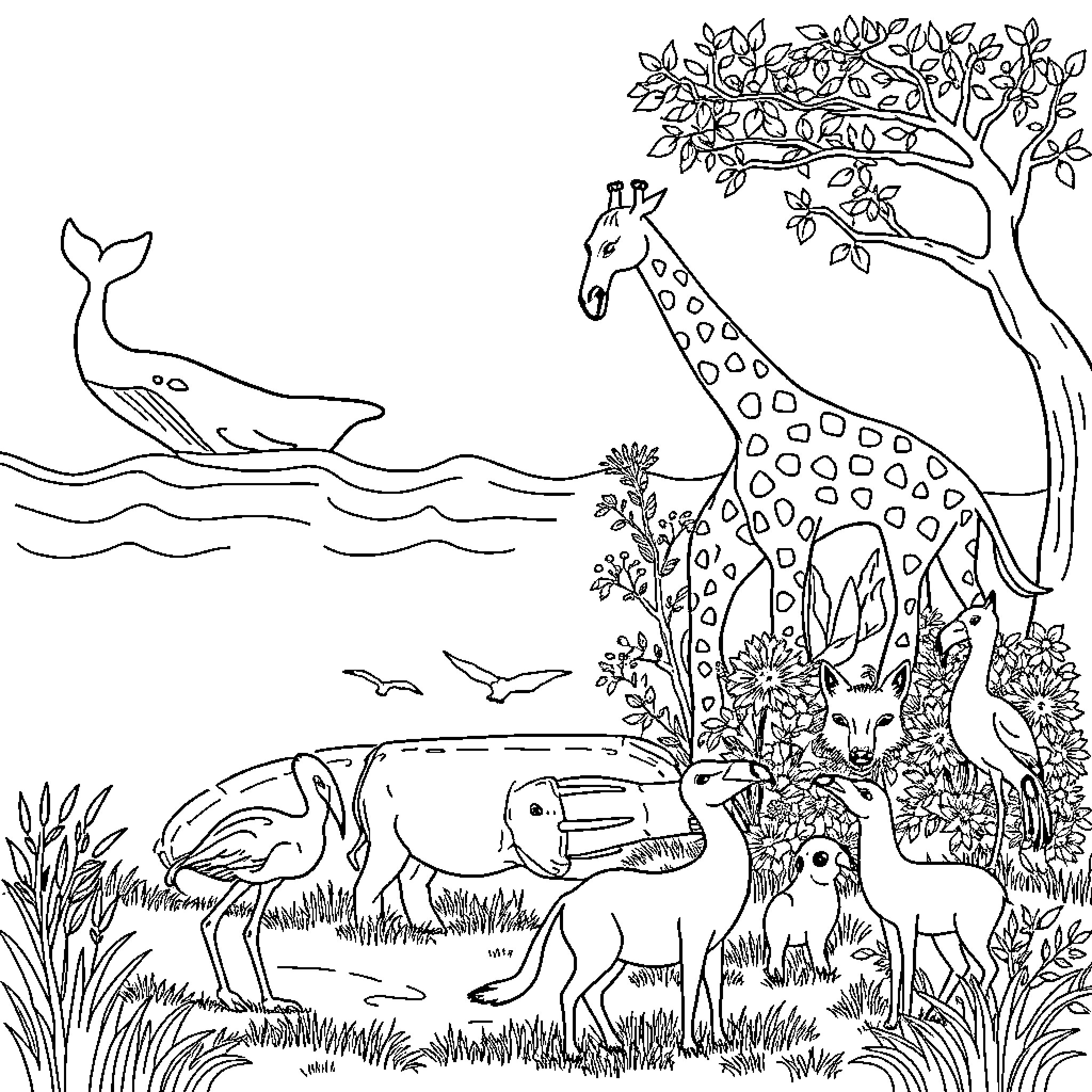 Animal friends exploring nature's wonders Coloring Page (free black-and-white line drawing printable PDF for all, from beginners to advanced learners, including children, teens, adults, and seniors)