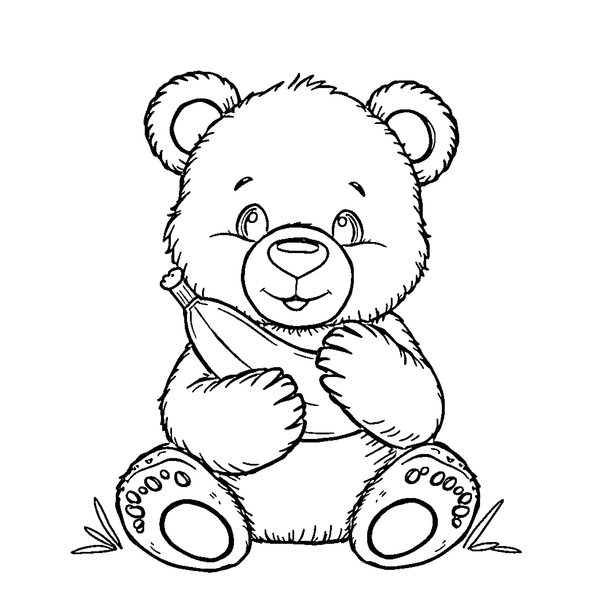 Bear playing with toys happily Coloring Page (free black-and-white line drawing printable PDF for all, from beginners to advanced learners, including children, teens, adults, and seniors)