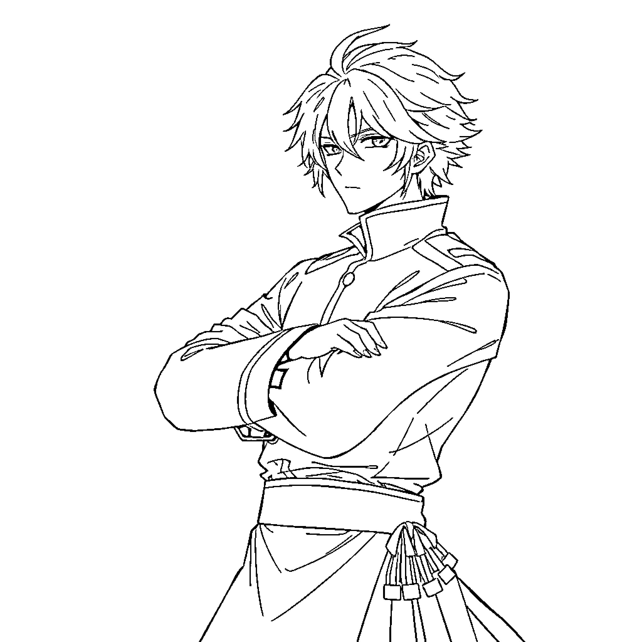 Muichiro Tokito - Determined Samurai in Stance Coloring Page (free black-and-white line drawing printable PDF for all, from beginners to advanced learners, including children, teens, adults, and seniors)