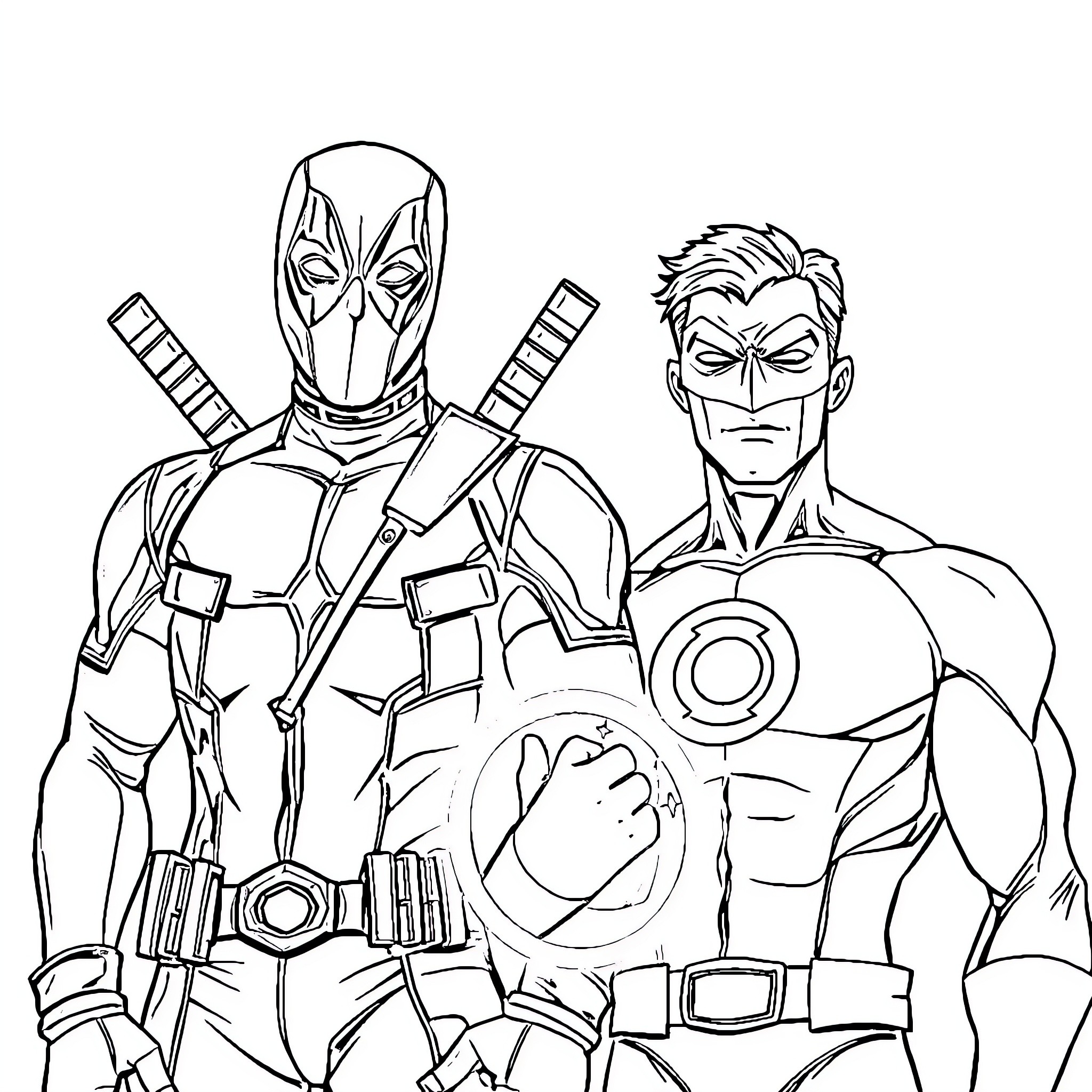 Dead Pool and Muscular Superhero Duo in Action Coloring Page (free black-and-white line drawing printable PDF for all, from beginners to advanced learners, including children, teens, adults, and seniors)