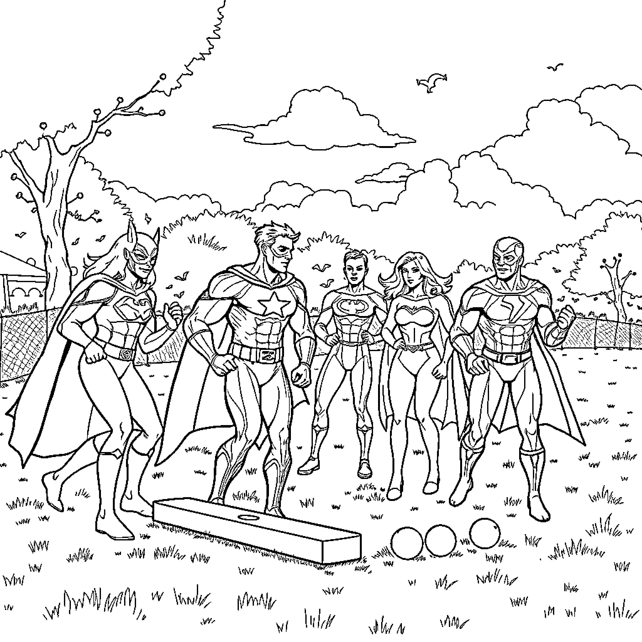 Superhero Team Assembles for Action Coloring Page (free black-and-white line drawing printable PDF for all, from beginners to advanced learners, including children, teens, adults, and seniors)