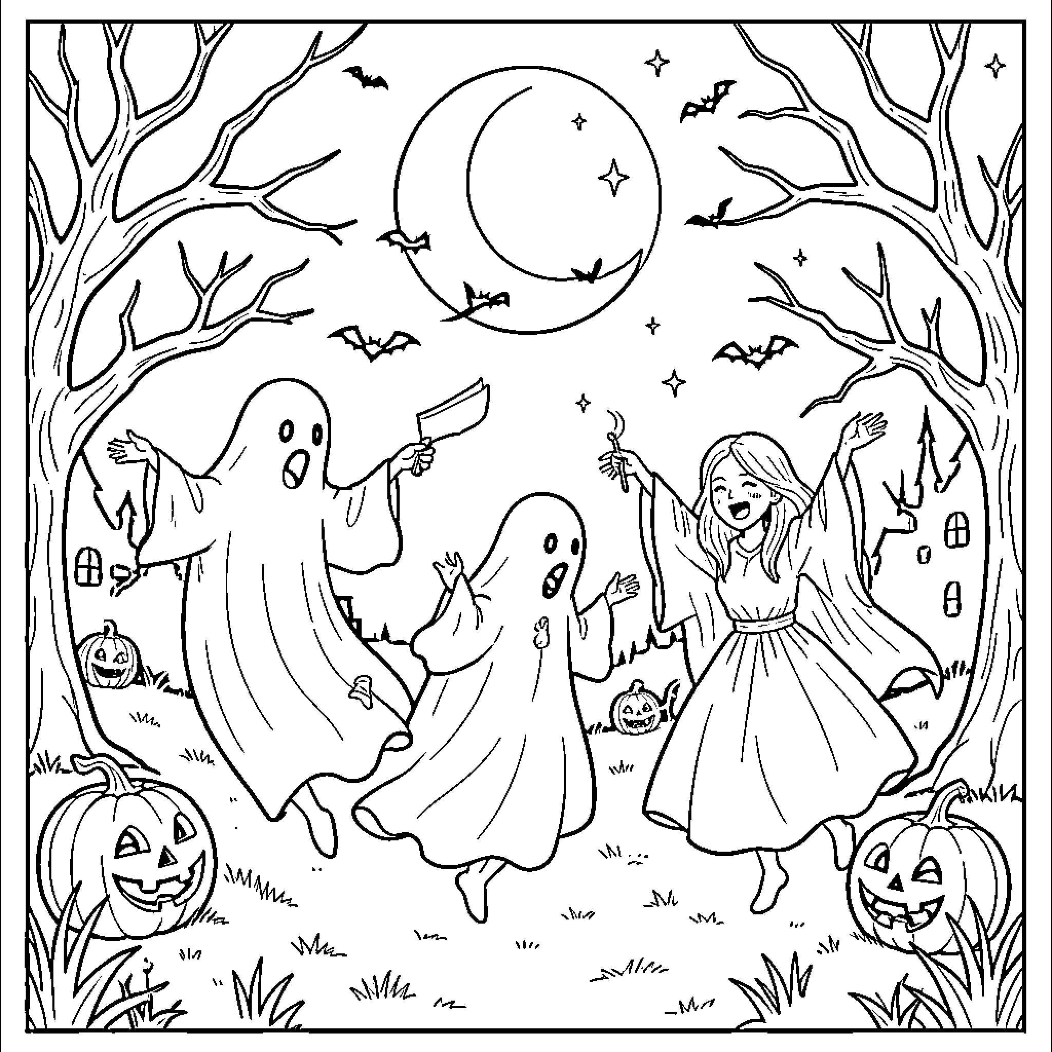 Ghost and a girl dancing in a spooky forest Coloring Page (free black-and-white line drawing printable PDF for all, from beginners to advanced learners, including children, teens, adults, and seniors)