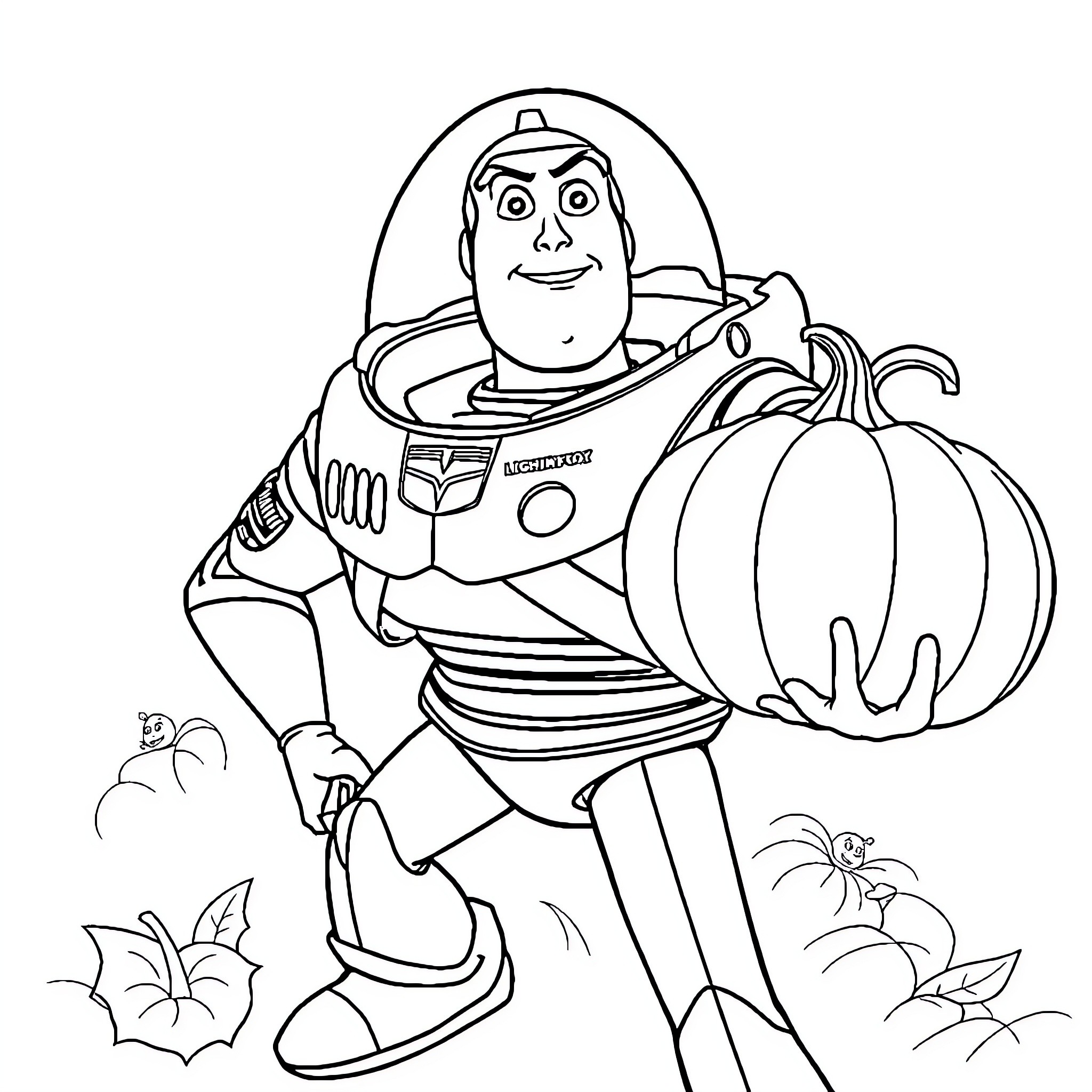 Buzz Lightyear preparing for adventure with pumpkin Coloring Page (free black-and-white line drawing printable PDF for all, from beginners to advanced learners, including children, teens, adults, and seniors)