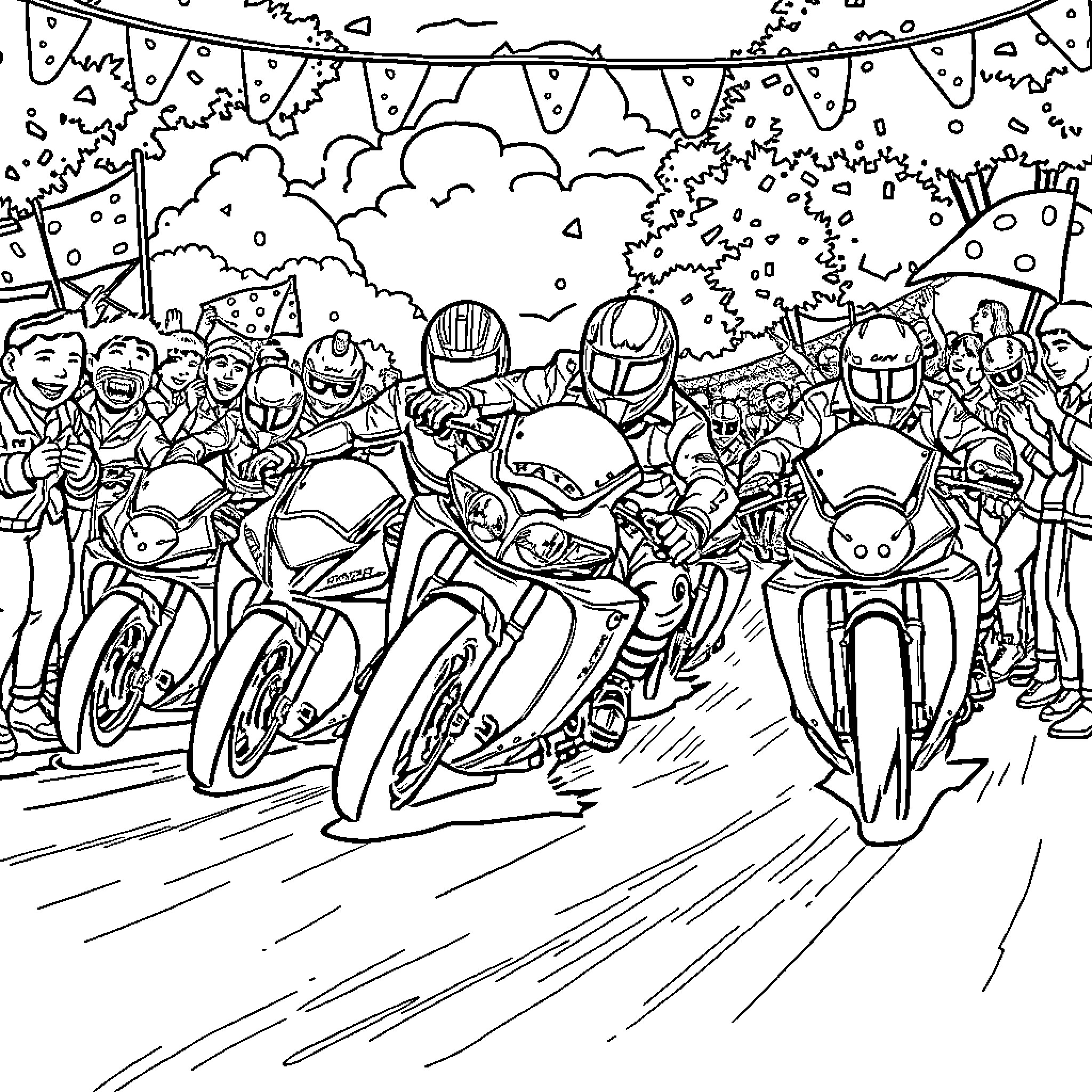 Motorcycle race through a festive crowd Coloring Page (free black-and-white line drawing printable PDF for all, from beginners to advanced learners, including children, teens, adults, and seniors)