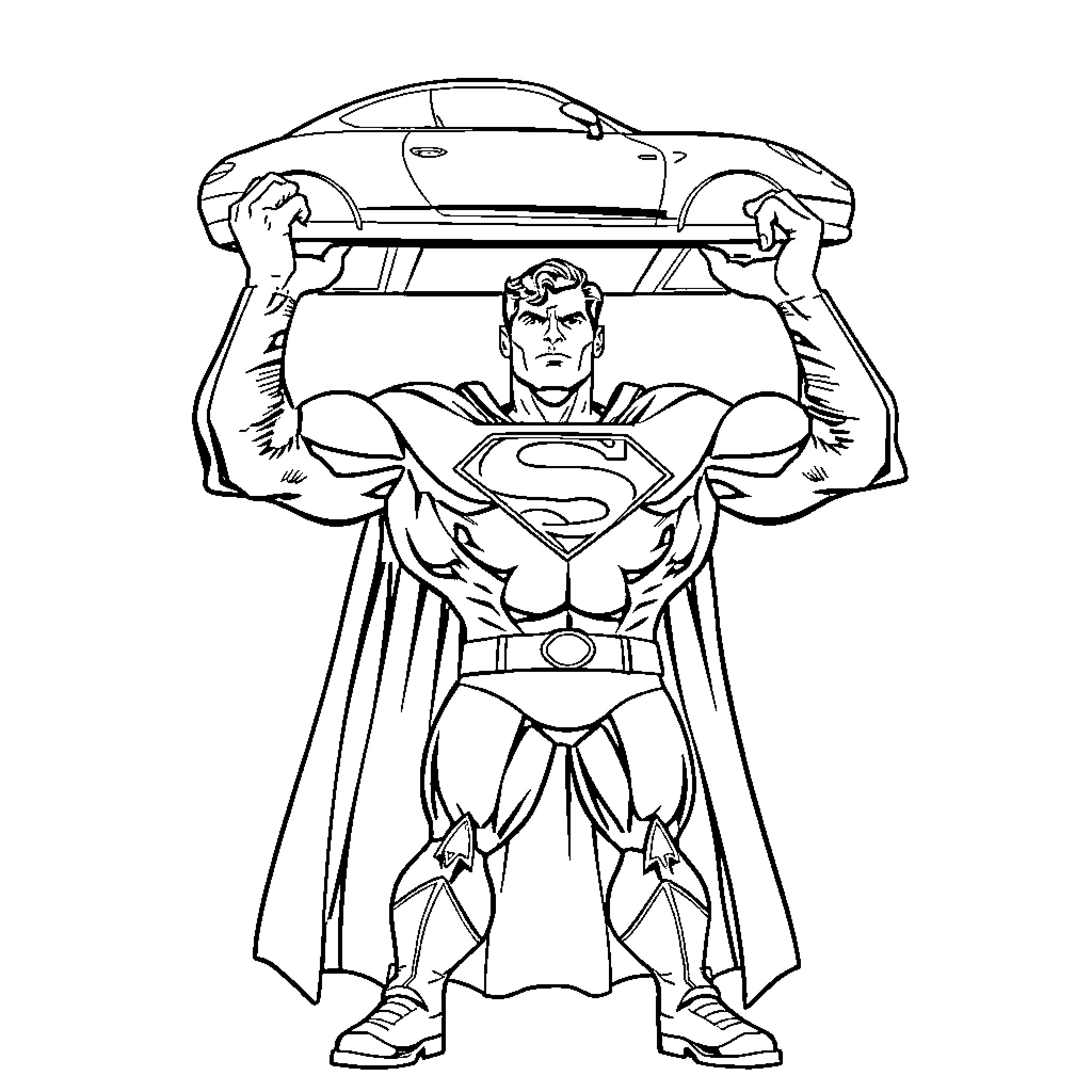 Superman lifting car with super strength Coloring Page (free black-and-white line drawing printable PDF for all, from beginners to advanced learners, including children, teens, adults, and seniors)