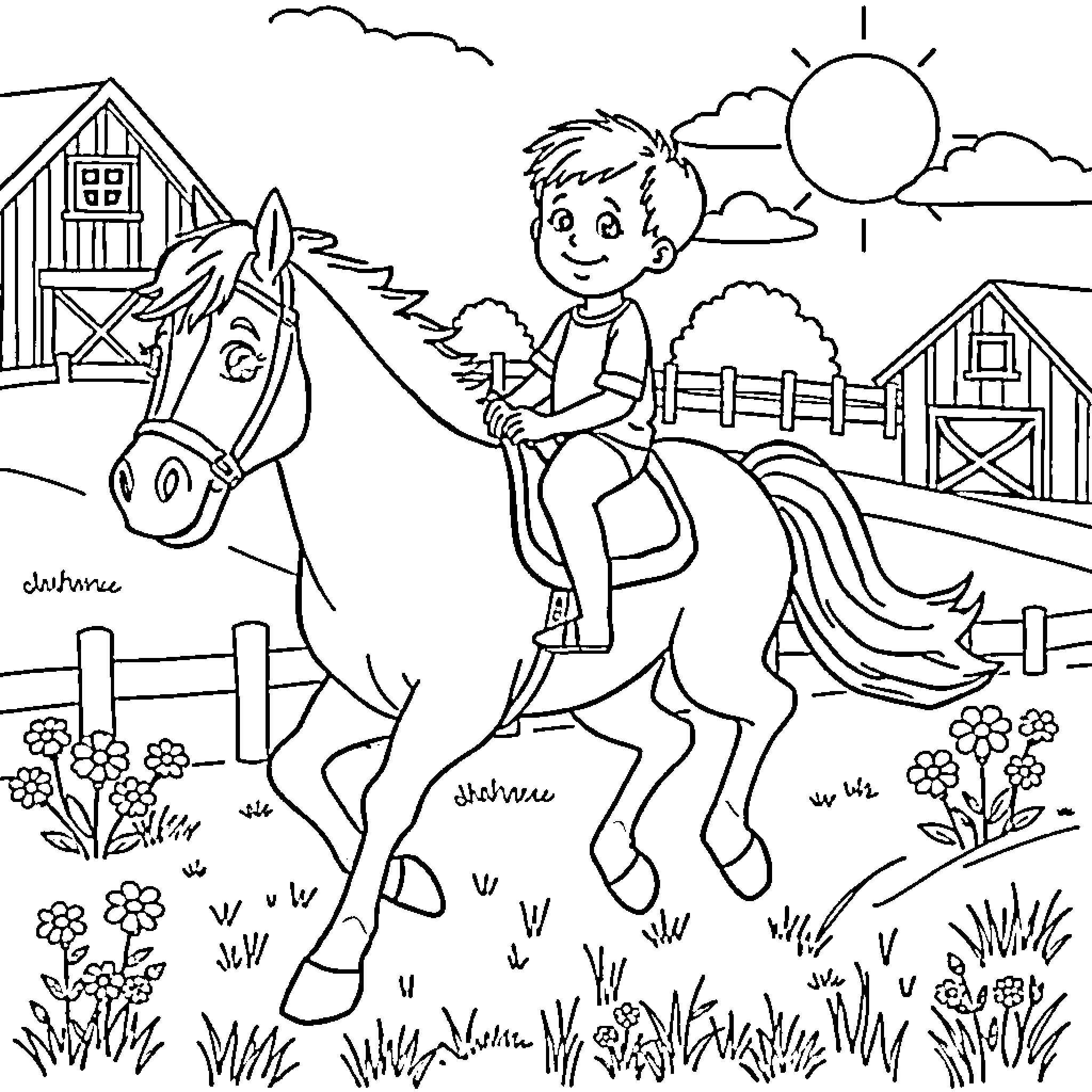 Boy riding a horse on the farm Coloring Page (free black-and-white line drawing printable PDF for all, from beginners to advanced learners, including children, teens, adults, and seniors)