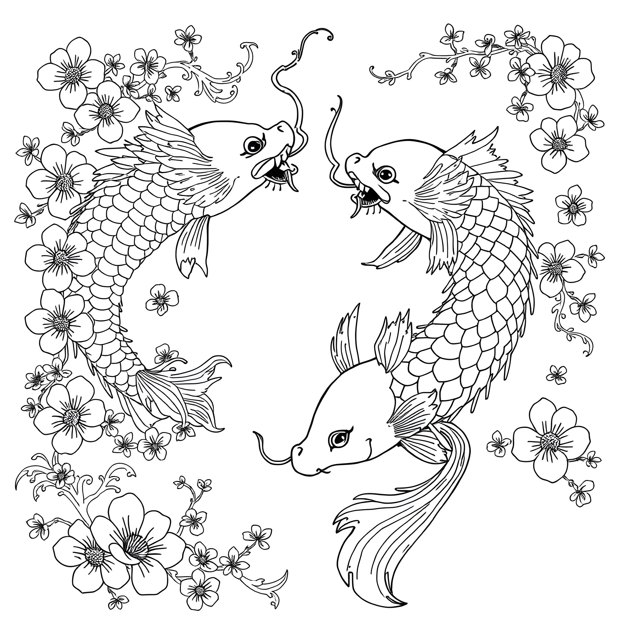 Tattoo of Koi Fish Swimming Amidst Floral Designs Coloring Page (free black-and-white line drawing printable PDF for all, from beginners to advanced learners, including children, teens, adults, and seniors)