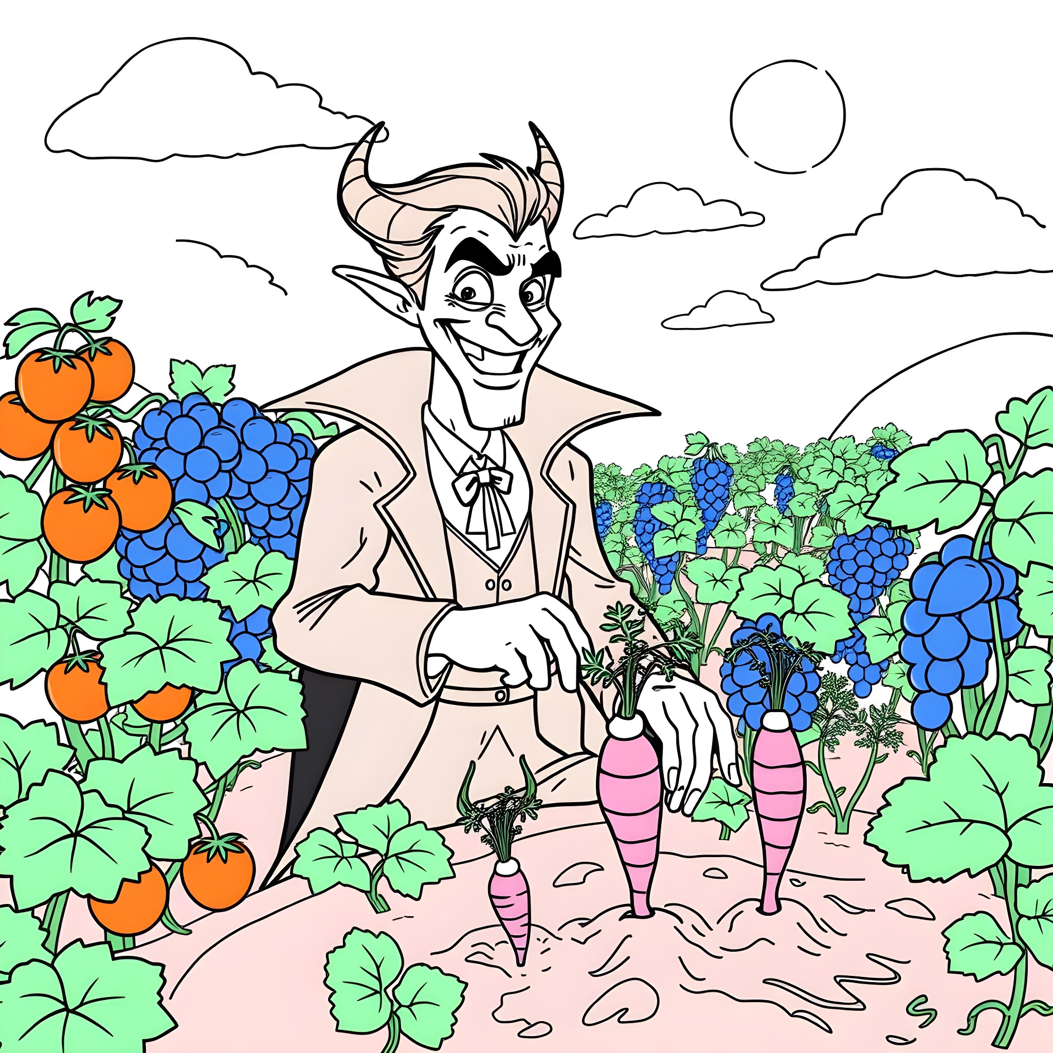Vampire harvesting bountiful fruits and vegetables Coloring Page (free black-and-white line drawing printable PDF for all, from beginners to advanced learners, including children, teens, adults, and seniors)