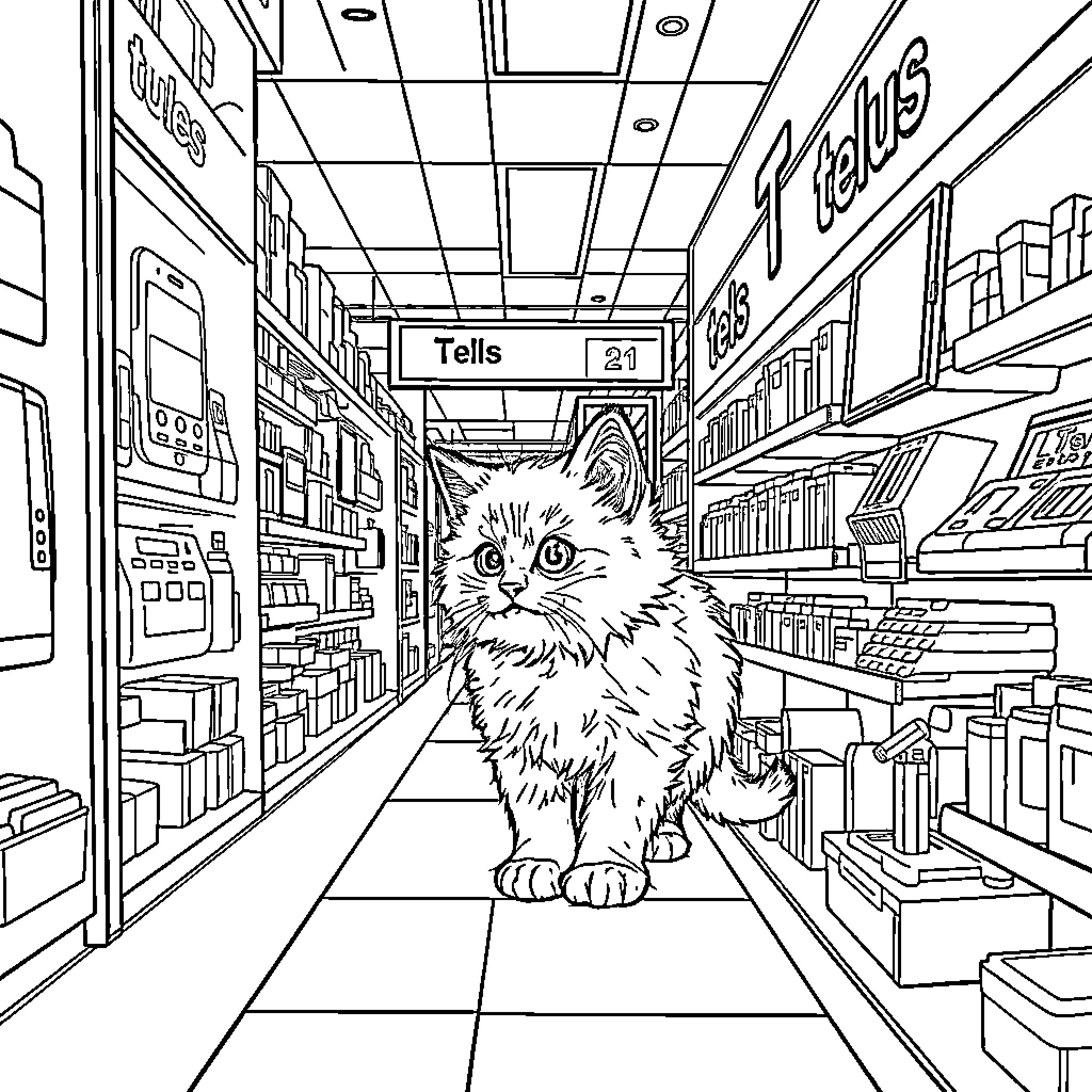 Kitten exploring the store aisles Coloring Page (free black-and-white line drawing printable PDF for all, from beginners to advanced learners, including children, teens, adults, and seniors)