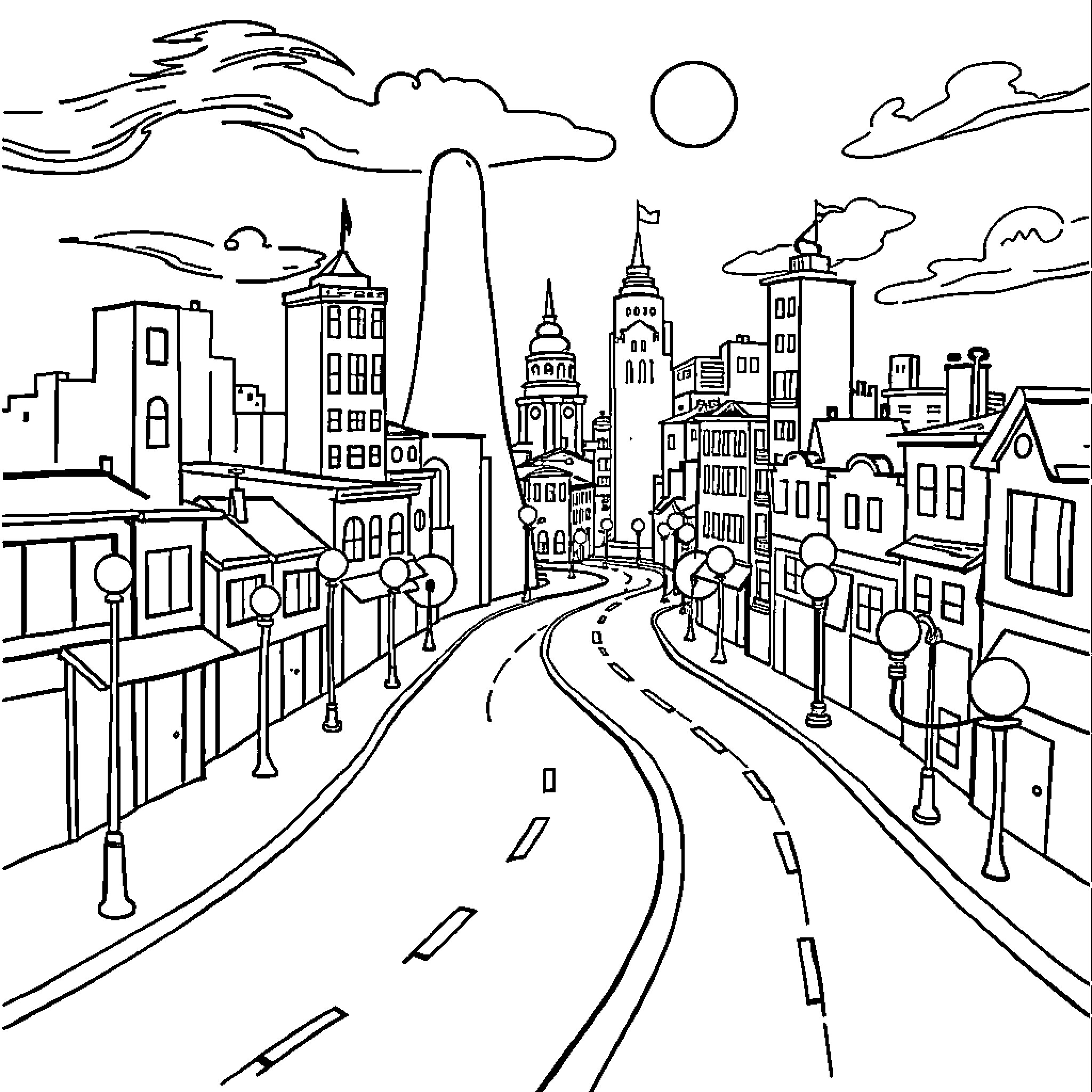 City street with skyscrapers and busy traffic Coloring Page (free black-and-white line drawing printable PDF for all, from beginners to advanced learners, including children, teens, adults, and seniors)