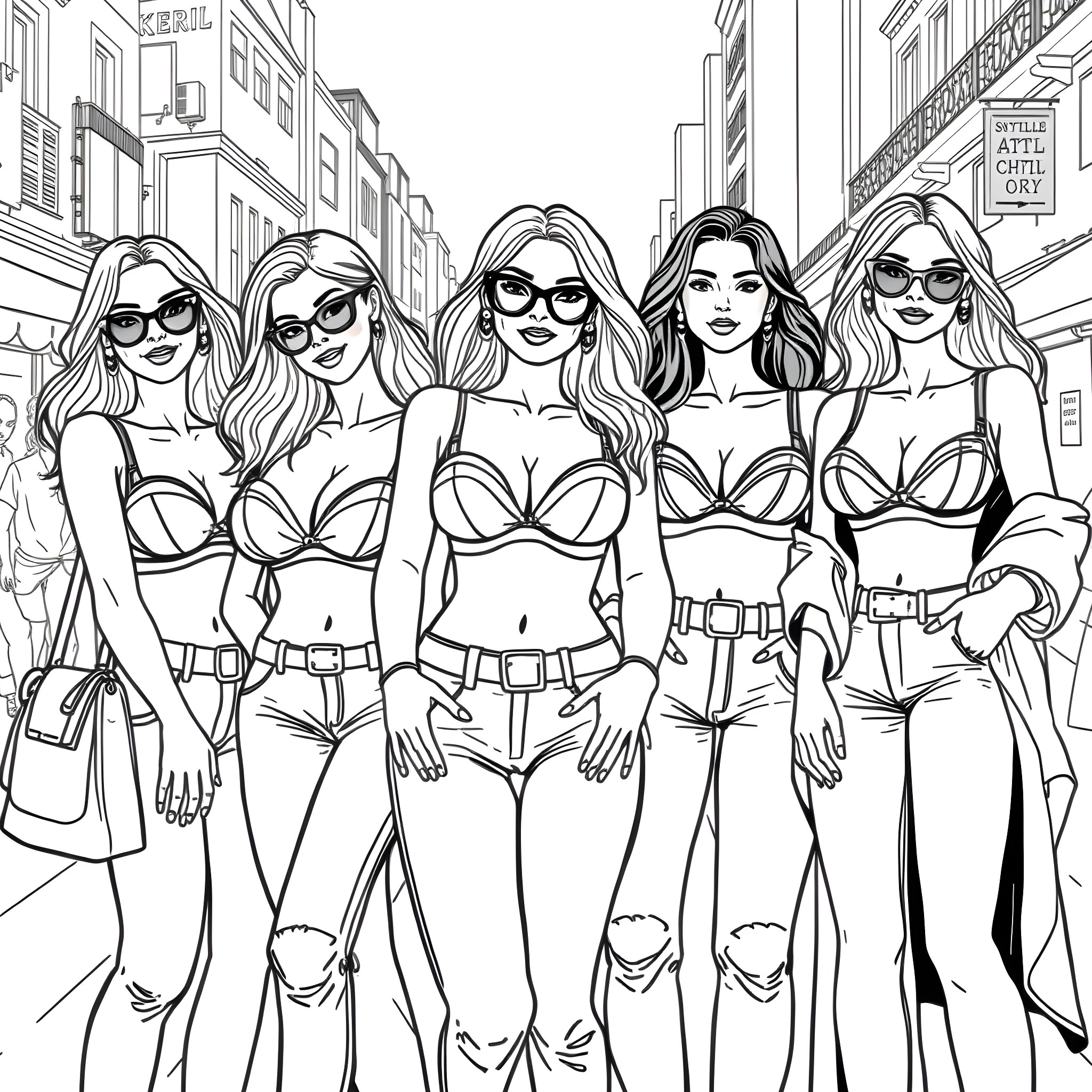 Girl group posing fashionably in the city Coloring Page (free black-and-white line drawing printable PDF for all, from beginners to advanced learners, including children, teens, adults, and seniors)