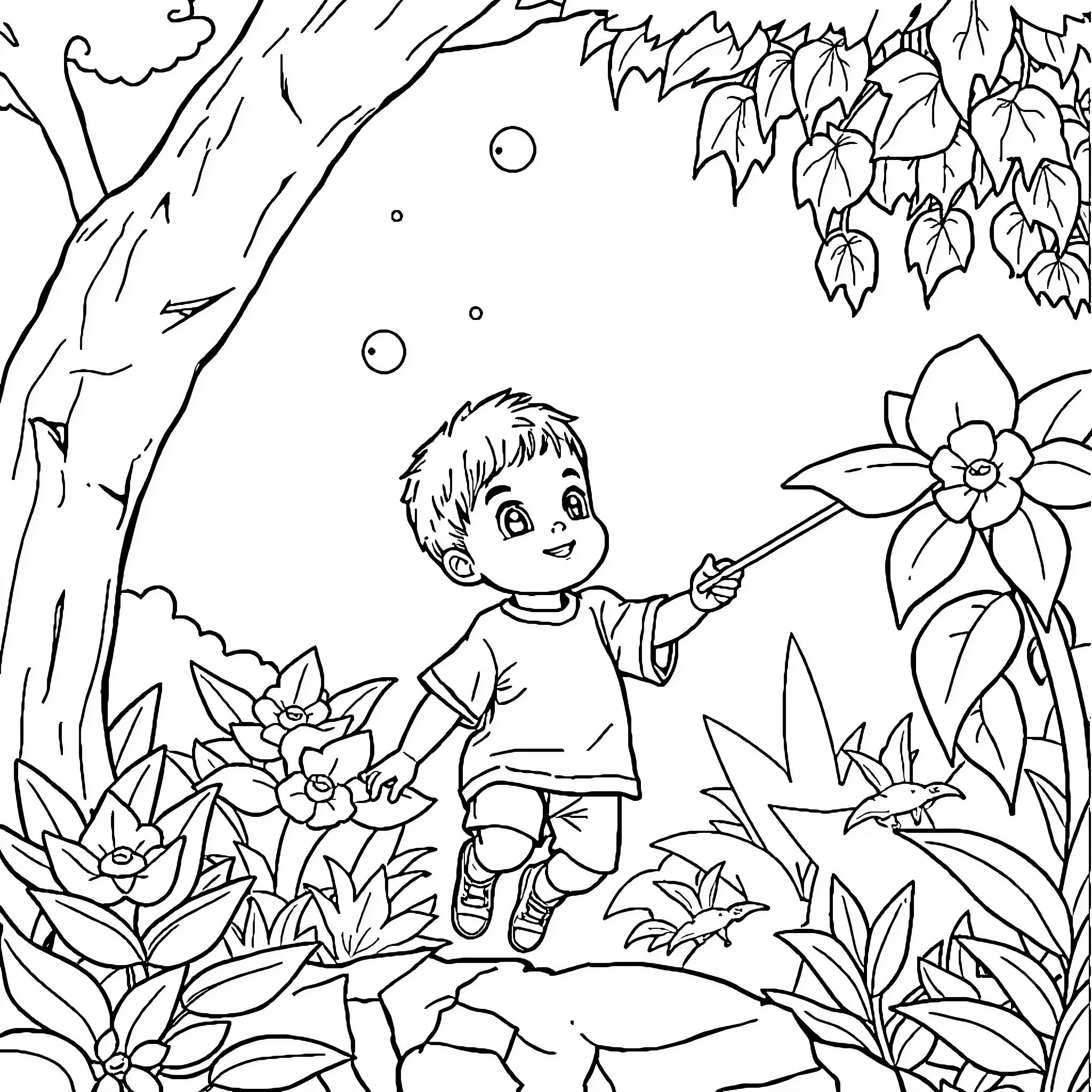 Child exploring the enchanted forest Coloring Page (free black-and-white line drawing printable PDF for all, from beginners to advanced learners, including children, teens, adults, and seniors)