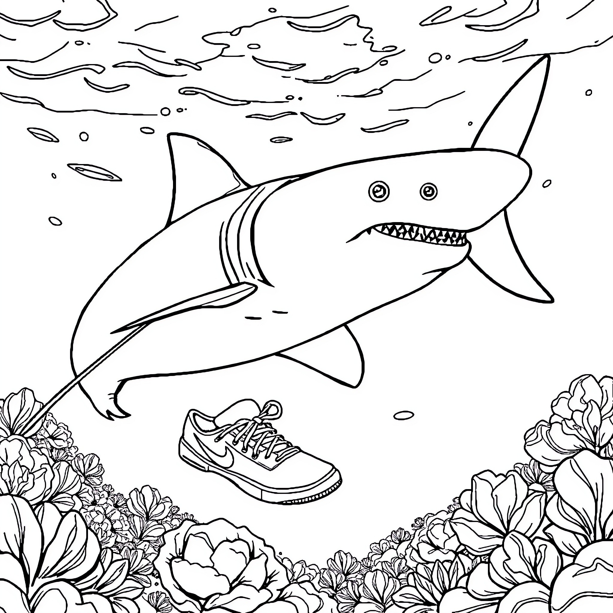 Shark swimming near colorful coral reef Coloring Page (free black-and-white line drawing printable PDF for all, from beginners to advanced learners, including children, teens, adults, and seniors)