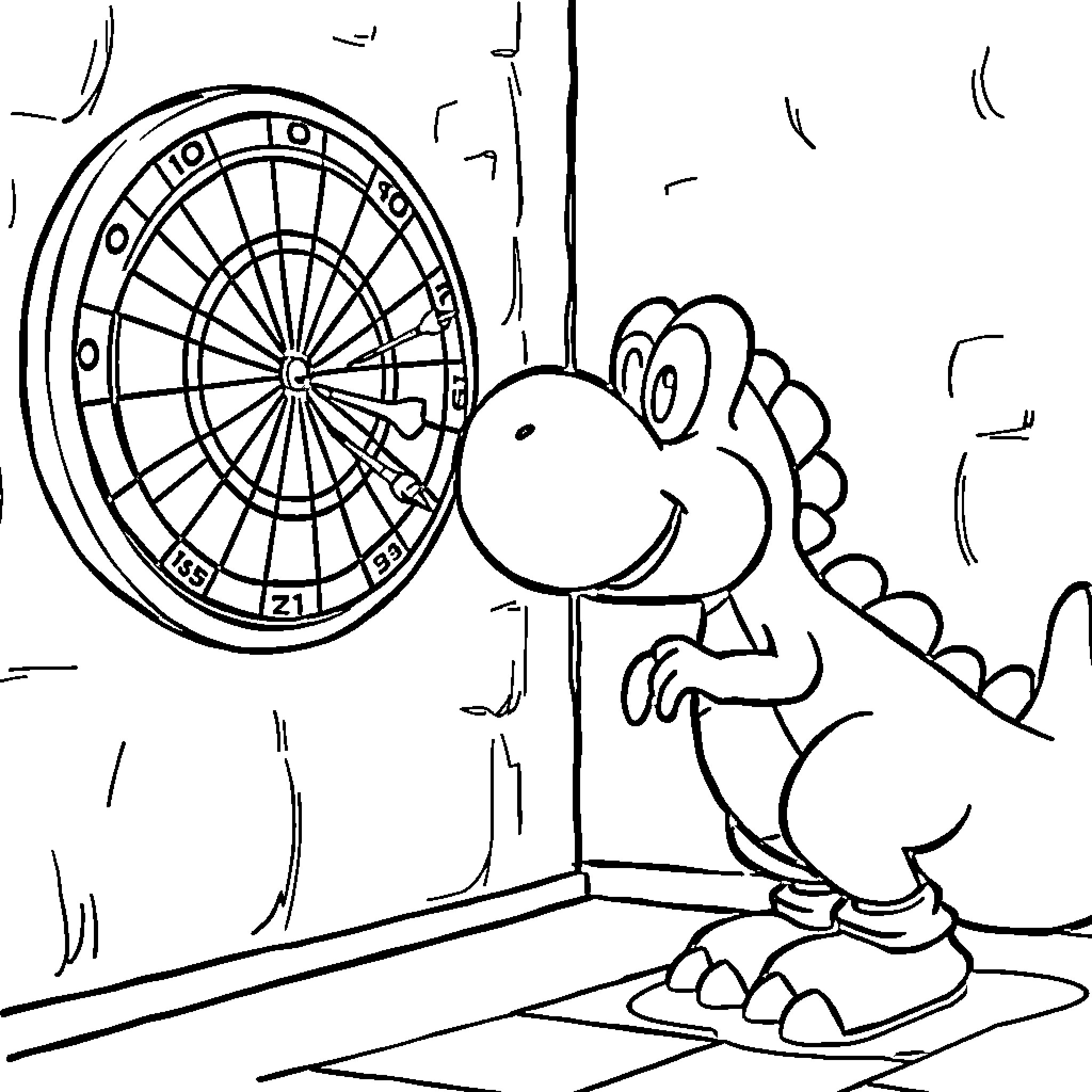 Yoshi playing with dart board Coloring Page (free black-and-white line drawing printable PDF for all, from beginners to advanced learners, including children, teens, adults, and seniors)