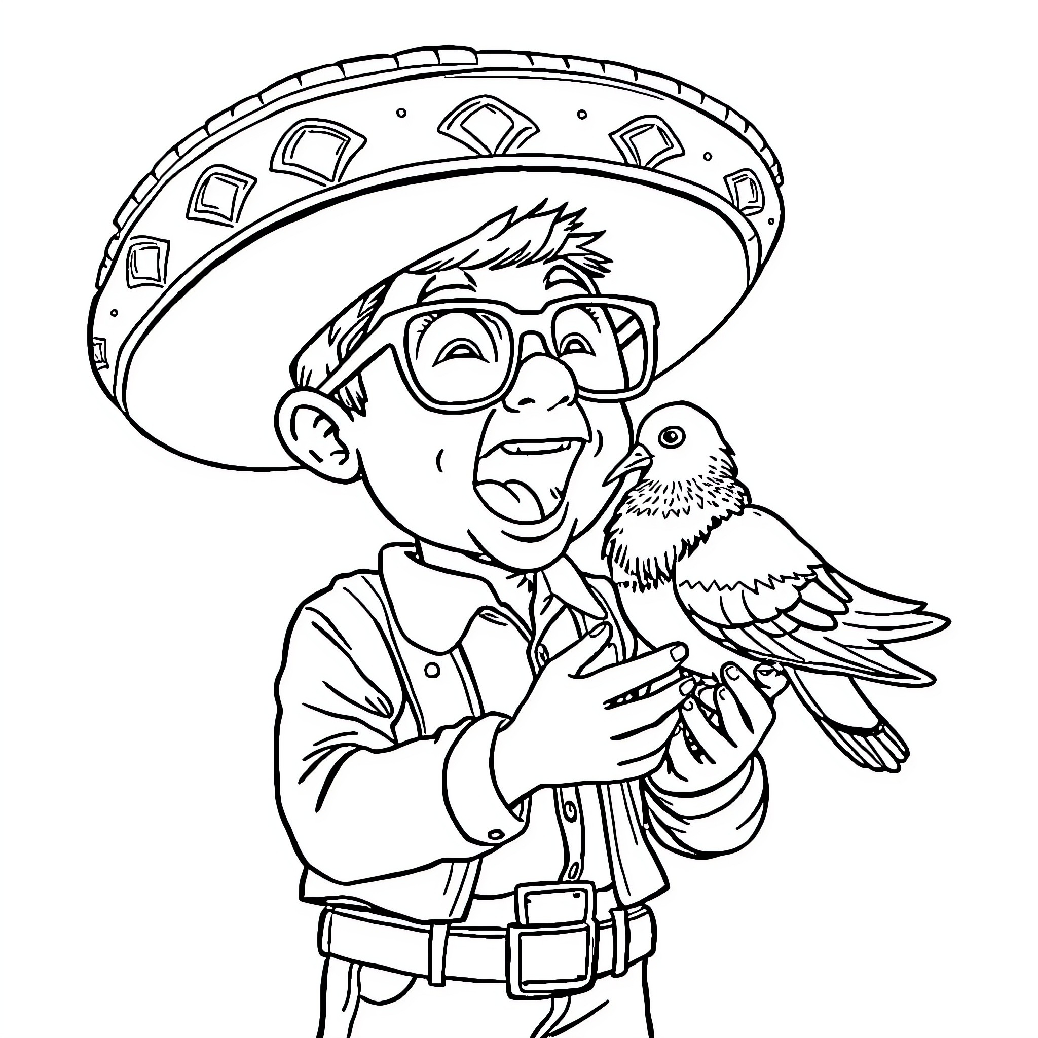 Mexican man with a bird on his hand Coloring Page (free black-and-white line drawing printable PDF for all, from beginners to advanced learners, including children, teens, adults, and seniors)