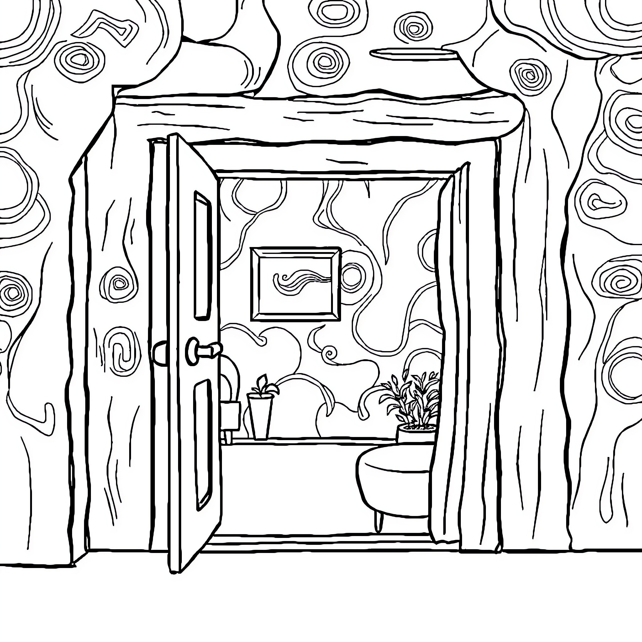 Cube-shaped Doorway Revealing Cozy Interior Coloring Page (free black-and-white line drawing printable PDF for all, from beginners to advanced learners, including children, teens, adults, and seniors)