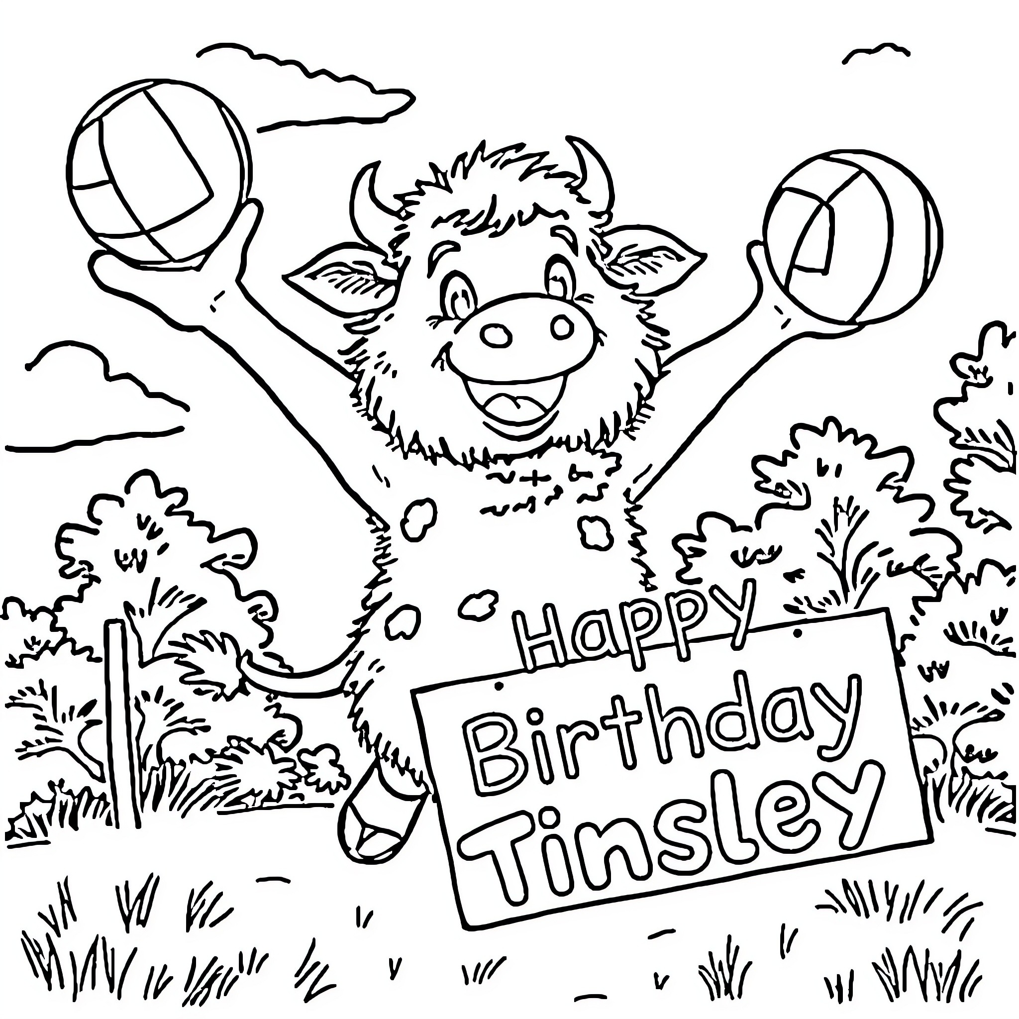Cow celebrating a happy birthday with balloons Coloring Page (free black-and-white line drawing printable PDF for all, from beginners to advanced learners, including children, teens, adults, and seniors)
