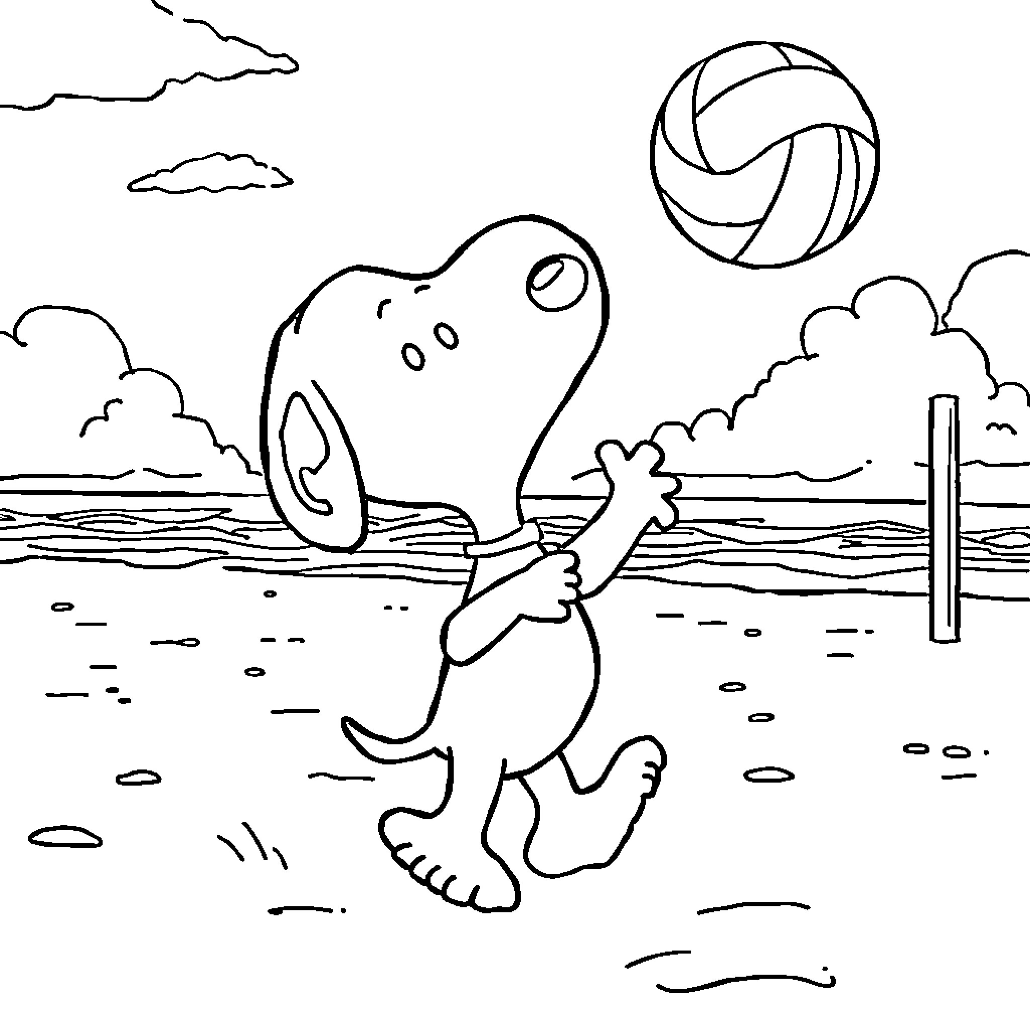 Snoopy playing volleyball on the beach Coloring Page (free black-and-white line drawing printable PDF for all, from beginners to advanced learners, including children, teens, adults, and seniors)