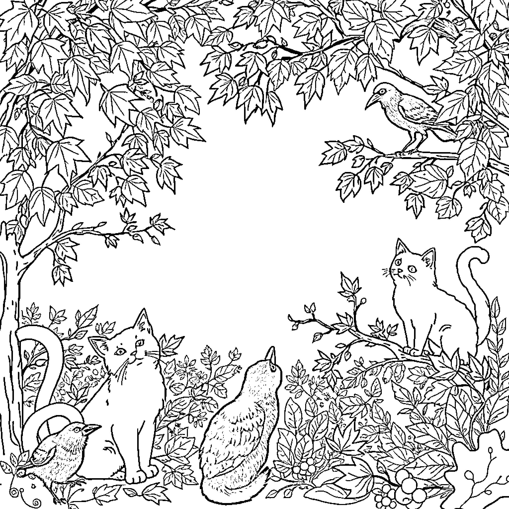 Cat among nature with birds and foliage Coloring Page (free black-and-white line drawing printable PDF for all, from beginners to advanced learners, including children, teens, adults, and seniors)