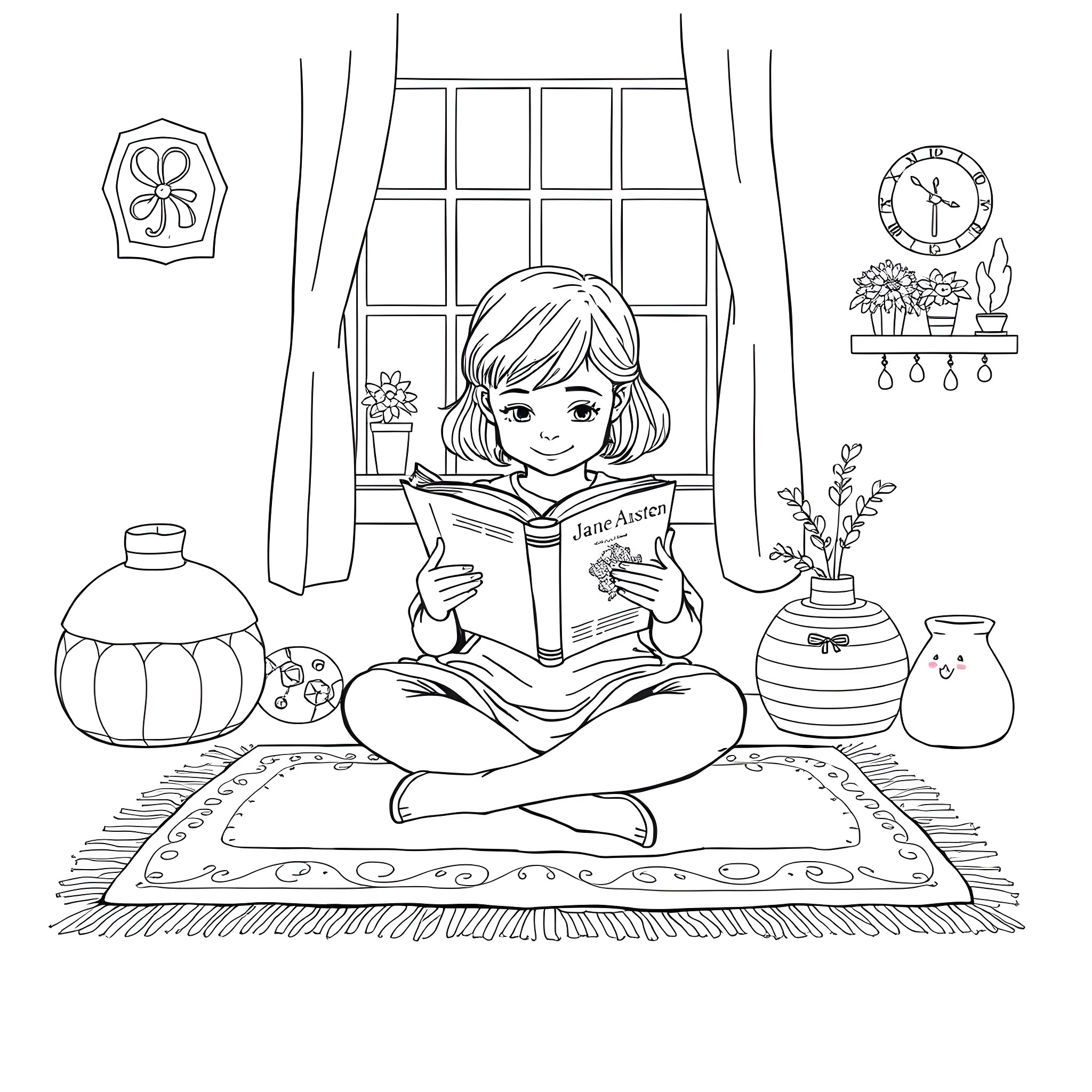 Child reading a book in a cozy home Coloring Page (free black-and-white line drawing printable PDF for all, from beginners to advanced learners, including children, teens, adults, and seniors)