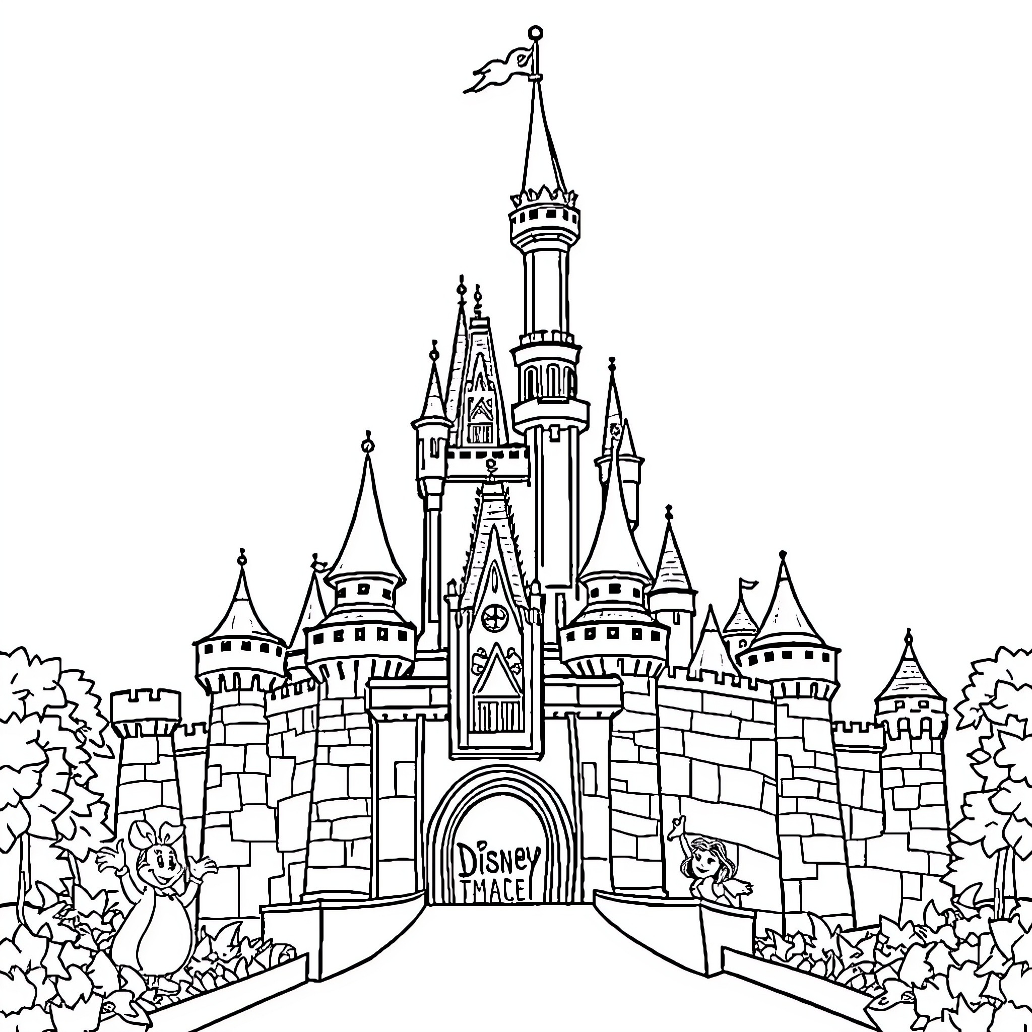 Disney Castle with Iconic Turrets and Spires Coloring Page (free black-and-white line drawing printable PDF for all, from beginners to advanced learners, including children, teens, adults, and seniors)