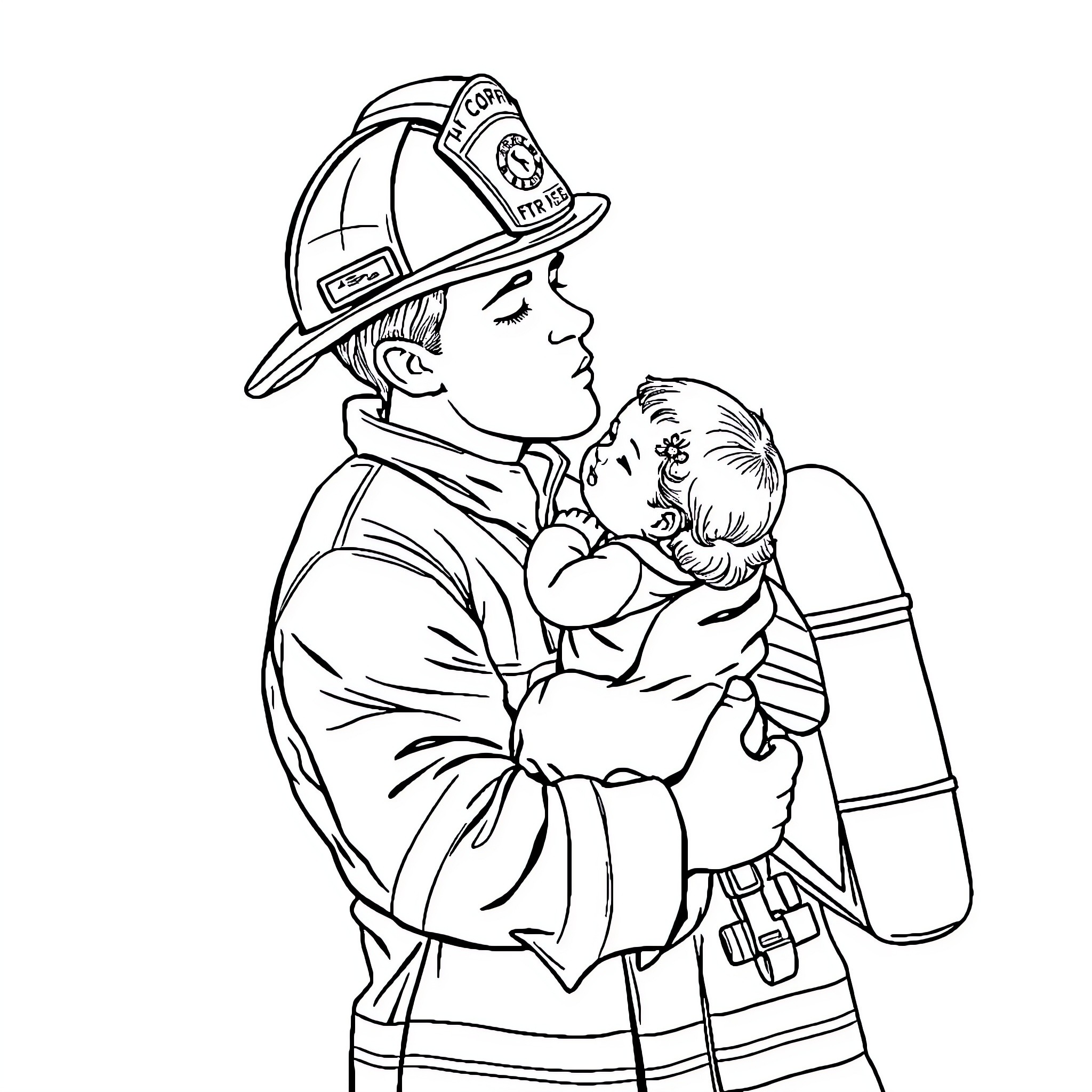 Firefighter Comforting Child in Emergency Coloring Page (free black-and-white line drawing printable PDF for all, from beginners to advanced learners, including children, teens, adults, and seniors)