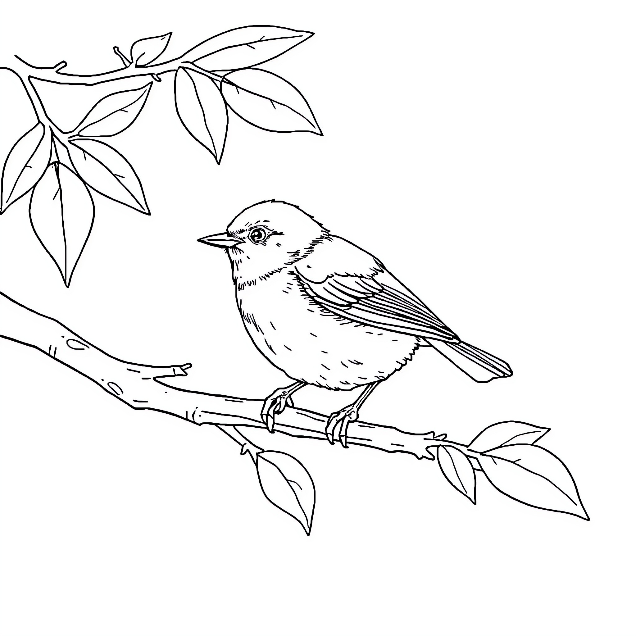 Bird perching on branch with leaves Coloring Page (free black-and-white line drawing printable PDF for all, from beginners to advanced learners, including children, teens, adults, and seniors)