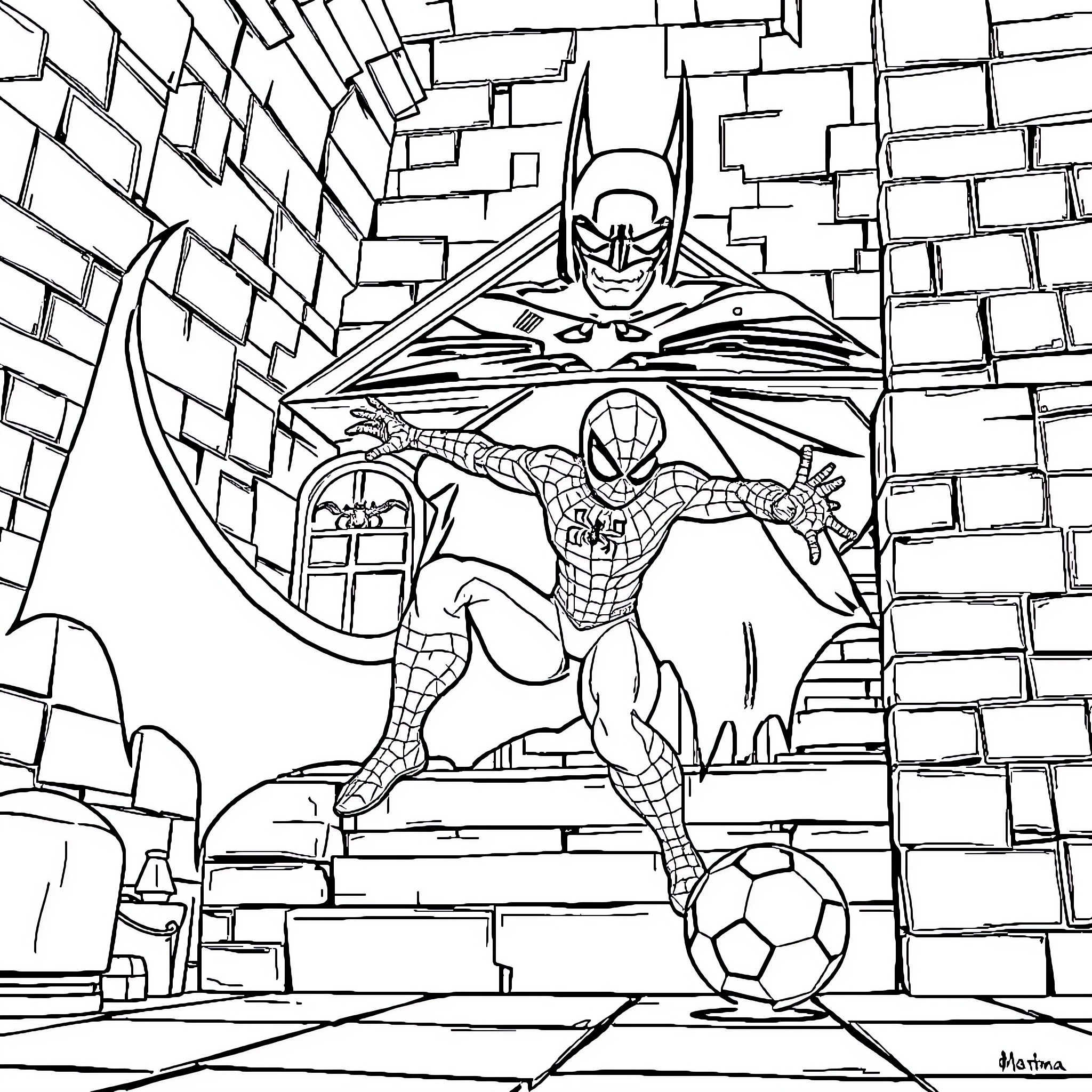Spiderman battling villains in dark alley Coloring Page (free black-and-white line drawing printable PDF for all, from beginners to advanced learners, including children, teens, adults, and seniors)