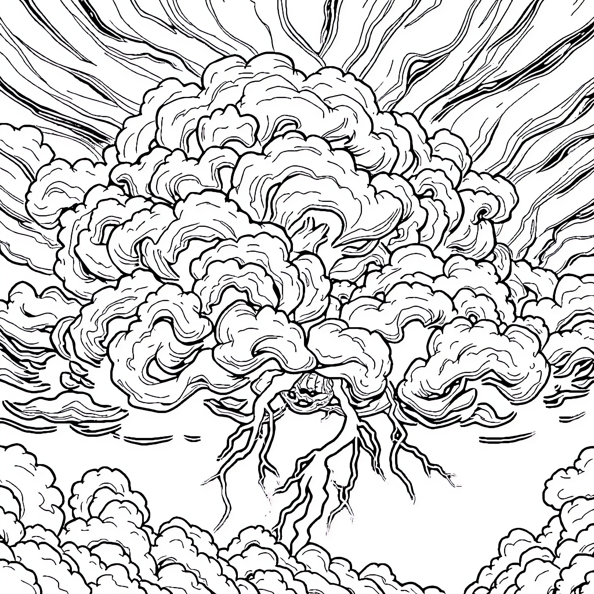Cloud Explosion of Organic Energy Coloring Page (free black-and-white line drawing printable PDF for all, from beginners to advanced learners, including children, teens, adults, and seniors)