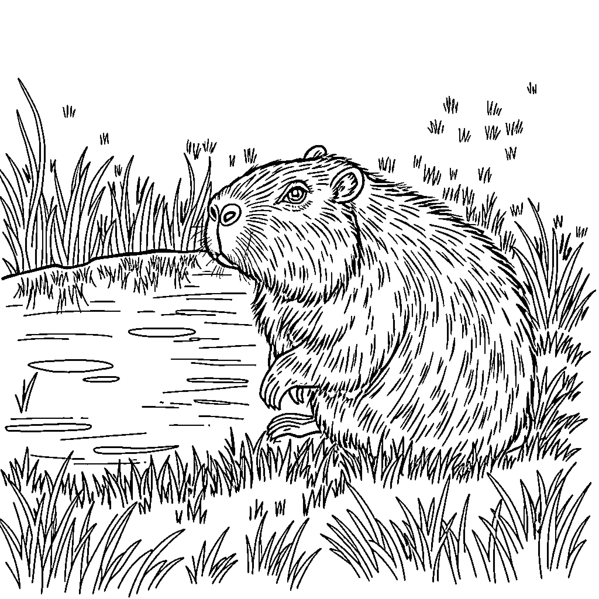 Capybara relaxing in the natural environment Coloring Page (free black-and-white line drawing printable PDF for all, from beginners to advanced learners, including children, teens, adults, and seniors)