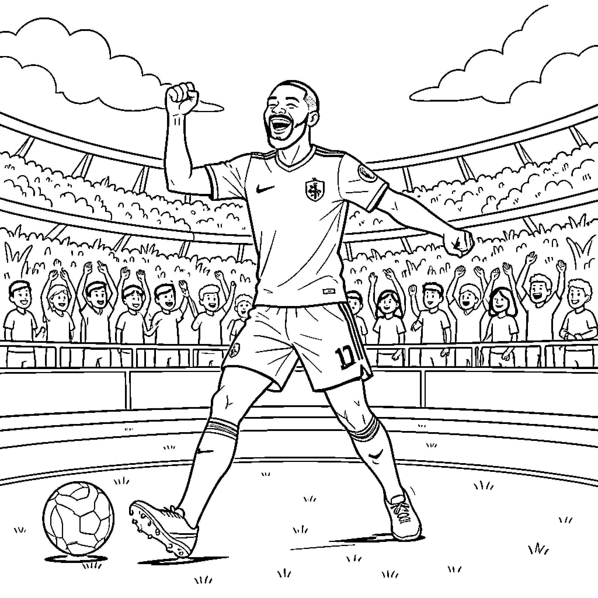 Paul Pogba celebrating a goal in a crowded stadium Coloring Page (free black-and-white line drawing printable PDF for all, from beginners to advanced learners, including children, teens, adults, and seniors)