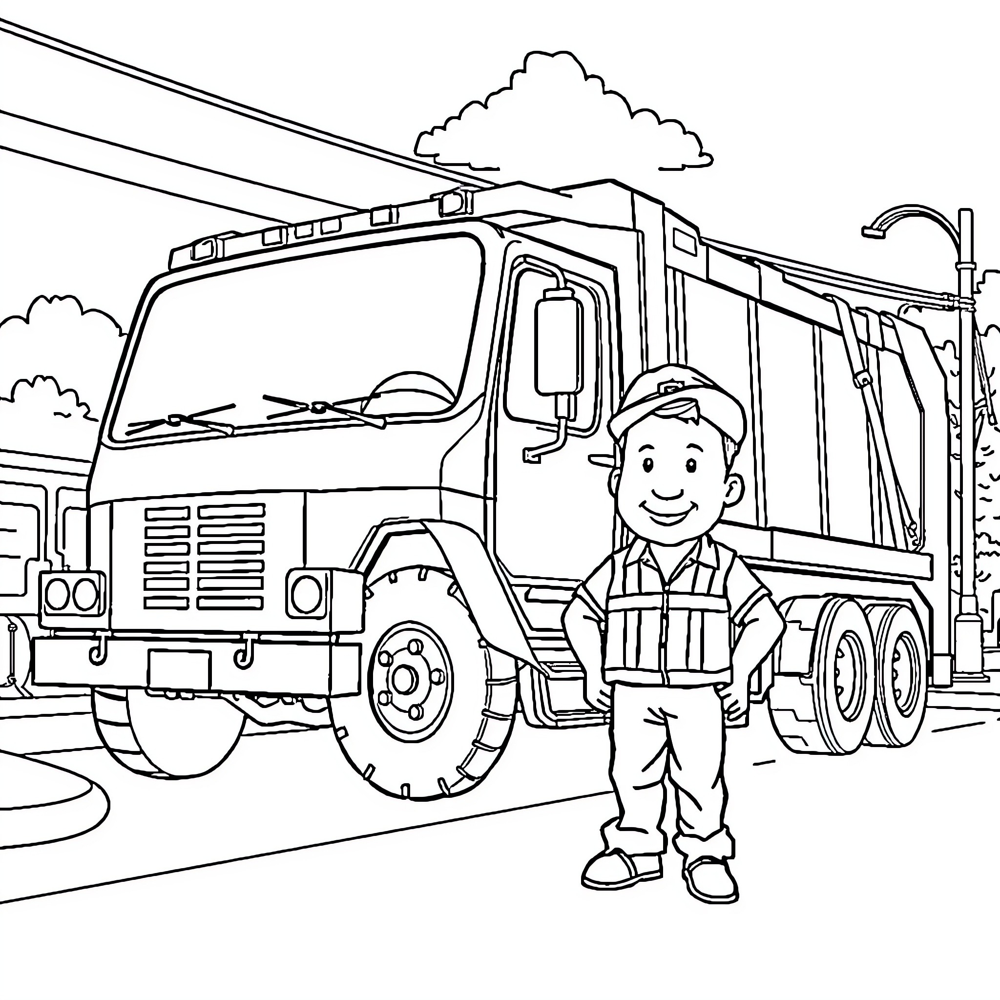 Trash Truck with Friendly Garbage Collector Coloring Page (free black-and-white line drawing printable PDF for all, from beginners to advanced learners, including children, teens, adults, and seniors)