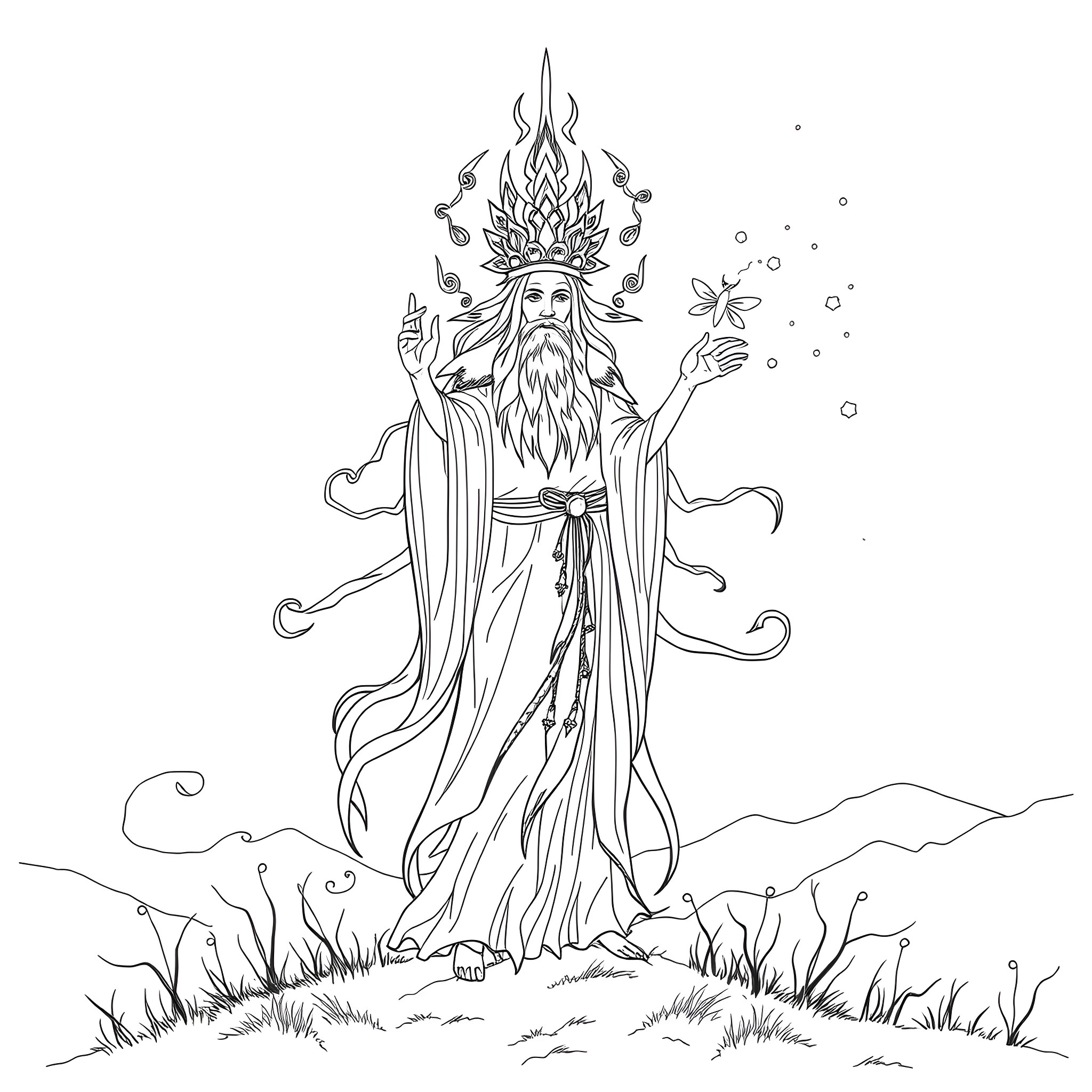 Spirit of the Ancient Forest Coloring Page (free black-and-white line drawing printable PDF for all, from beginners to advanced learners, including children, teens, adults, and seniors)