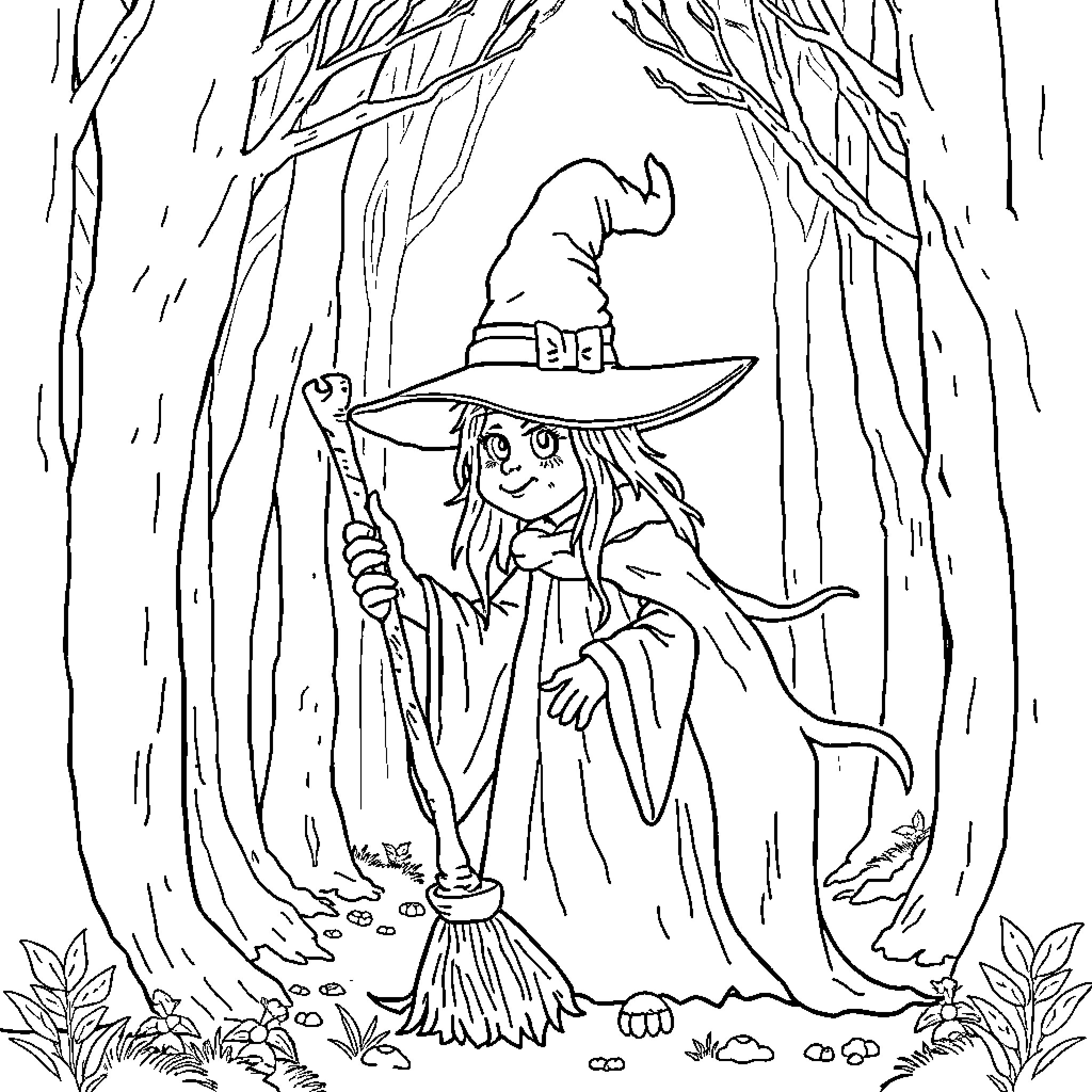 Witch sweeping through the enchanted forest Coloring Page (free black-and-white line drawing printable PDF for all, from beginners to advanced learners, including children, teens, adults, and seniors)