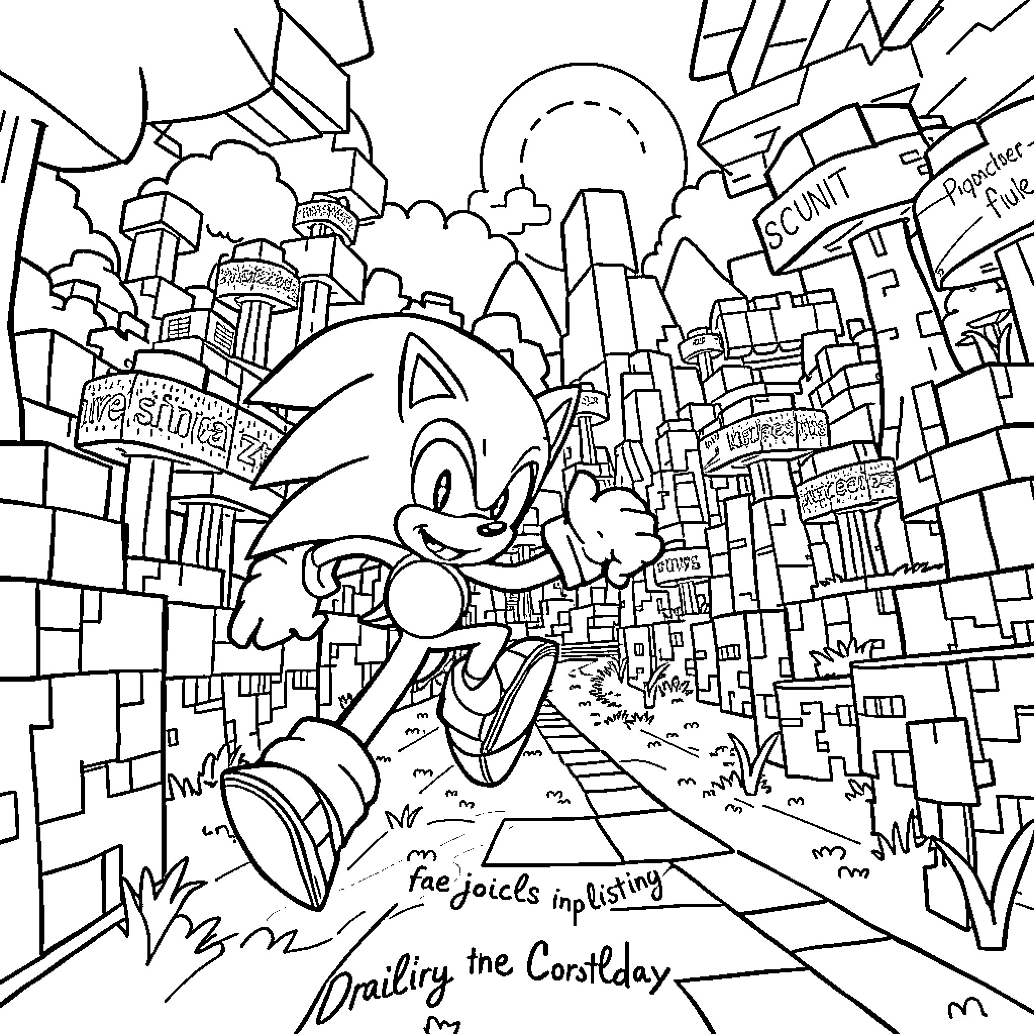 Sonic Exploring the Vibrant City Landscape Coloring Page (free black-and-white line drawing printable PDF for all, from beginners to advanced learners, including children, teens, adults, and seniors)