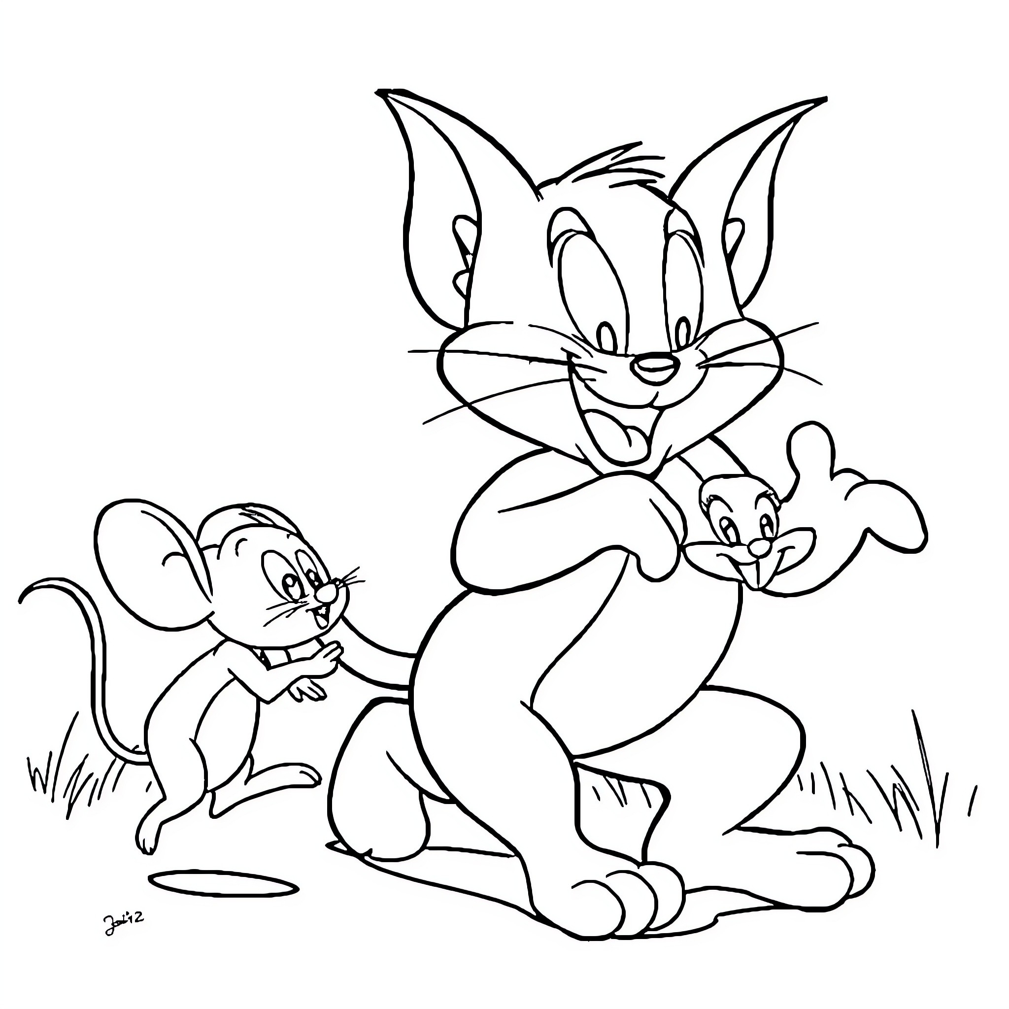 Tom and Jerry playing mischievously in the field Coloring Page (free black-and-white line drawing printable PDF for all, from beginners to advanced learners, including children, teens, adults, and seniors)