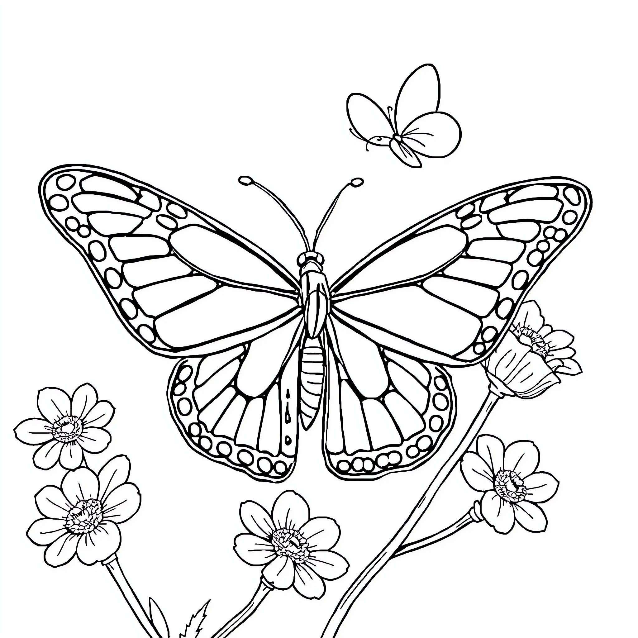 Fairy butterflies and blossoms Coloring Page (free black-and-white line drawing printable PDF for all, from beginners to advanced learners, including children, teens, adults, and seniors)